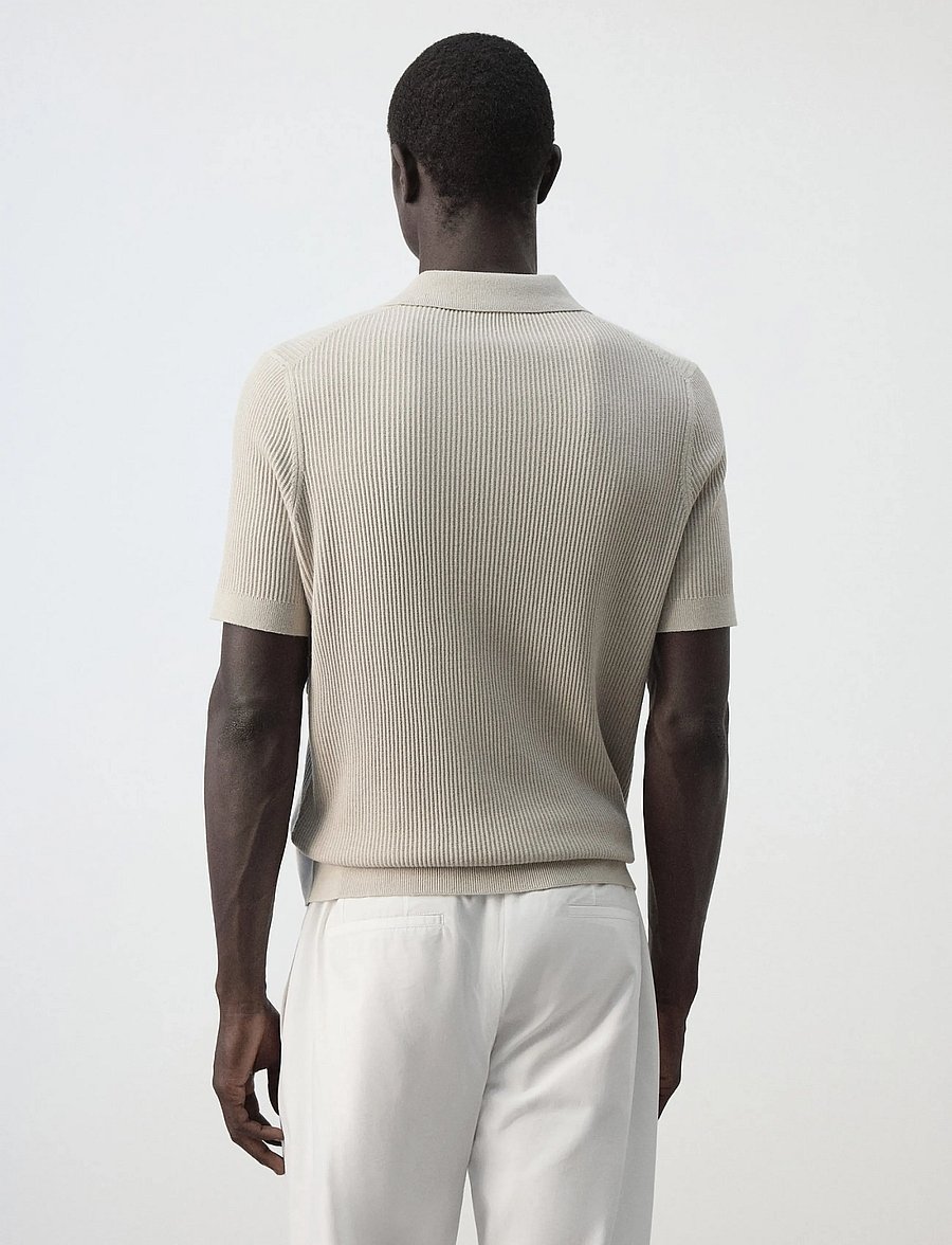 Mango - Rib-knit cotton-blend polo shirt - polostrik - light beige - 3