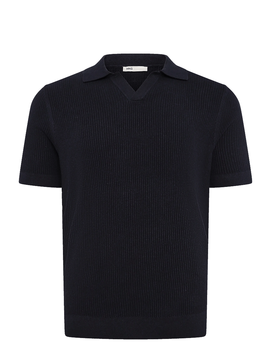Mango - Rib-knit cotton-blend polo shirt - polostrik - navy - 1