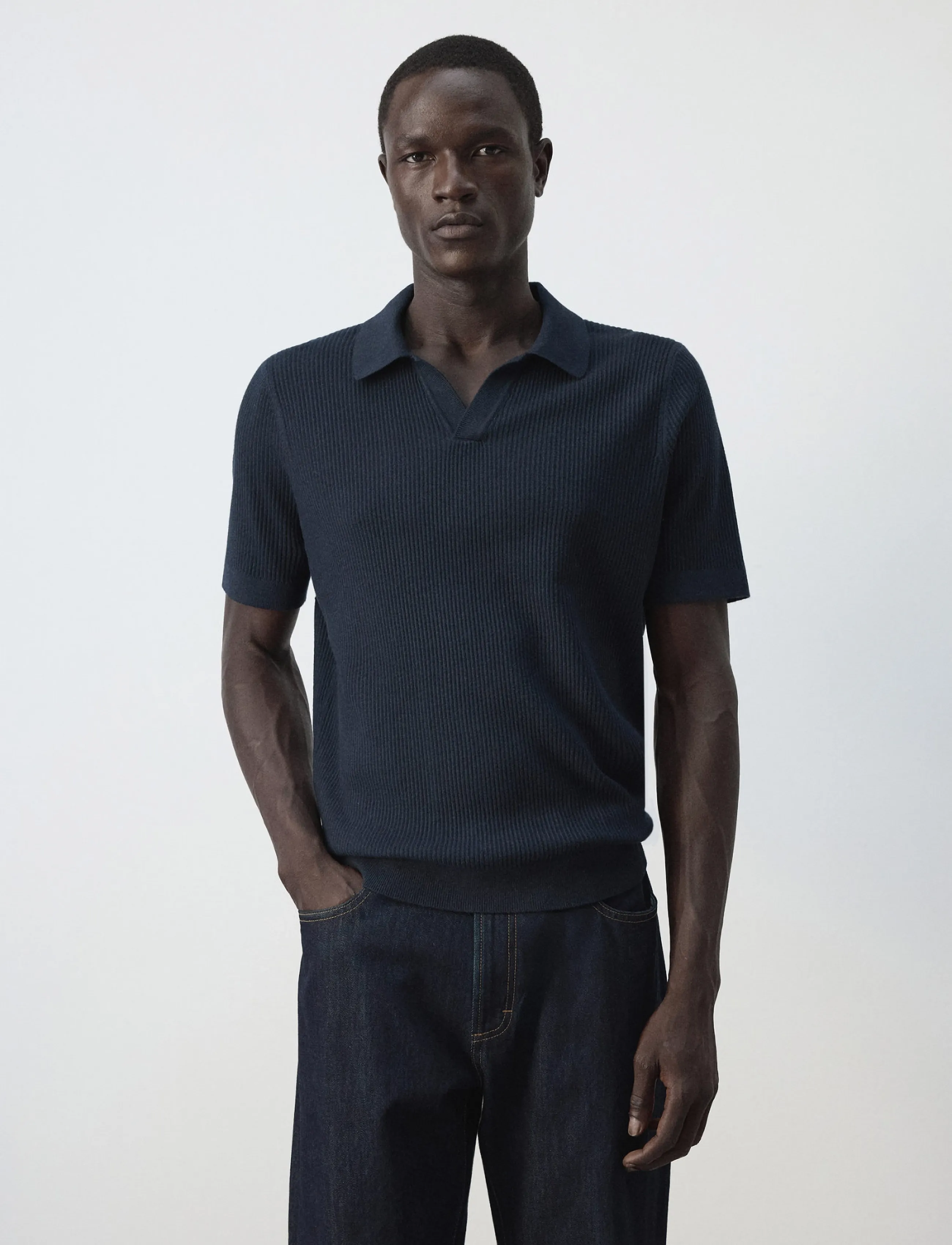 Mango Rib-knit cotton-blend polo shirt - Mango - NAVY / navy