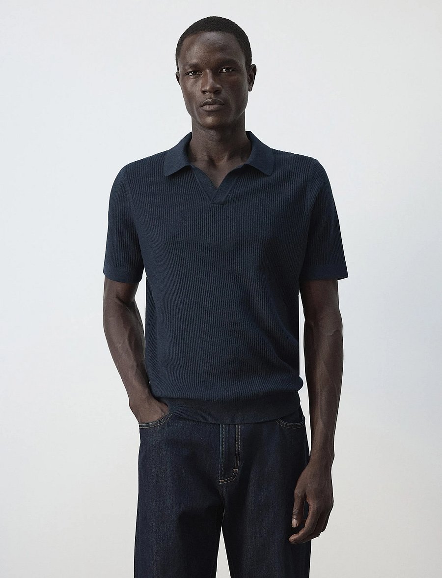 Mango - Rib-knit cotton-blend polo shirt - polostrik - navy - 0