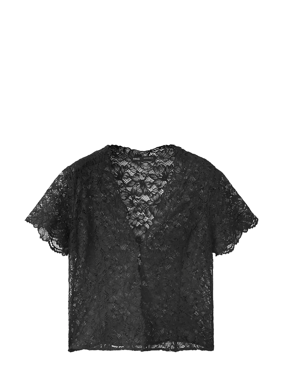 Mango - Short-sleeved lace blouse - kortærmede bluser - black - 0