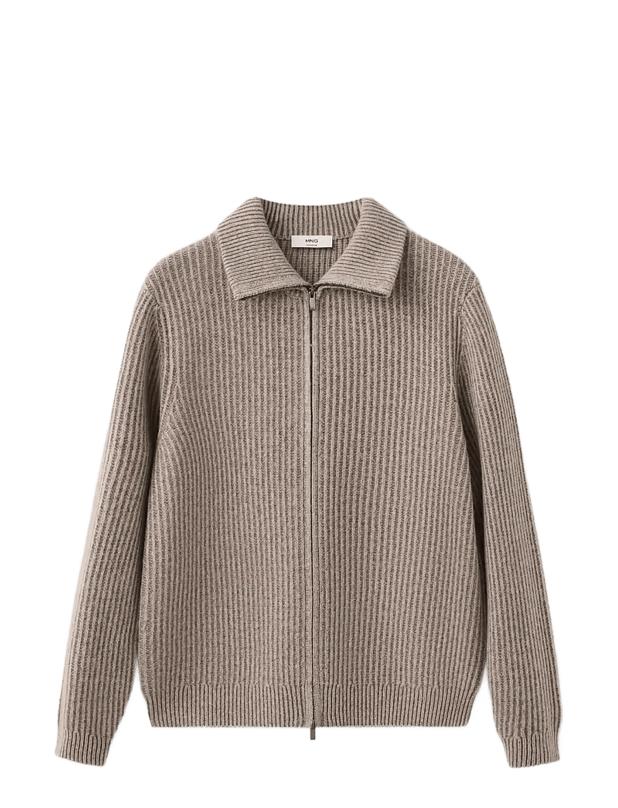 Mango - Ribbed wool cardigan with zip closure - fullzip strik - light beige - 1