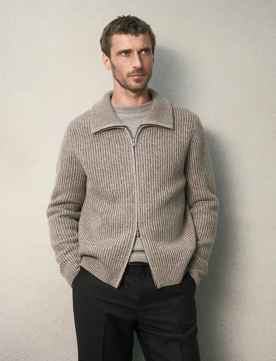 Mango - Ribbed wool cardigan with zip closure - fullzip strik - light beige - 0