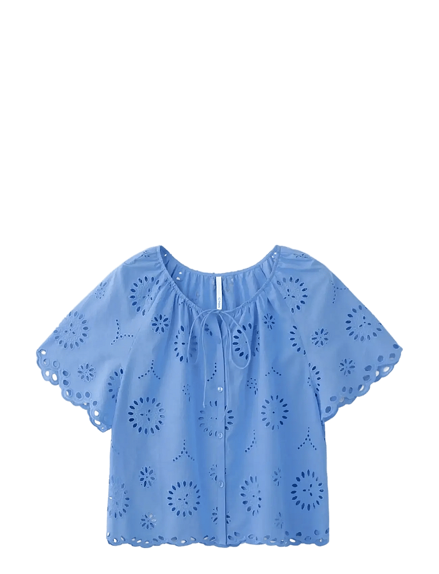 Mango - 100% cotton blouse with broderie anglaise embroidery - kortærmede bluser - medium blue - 1
