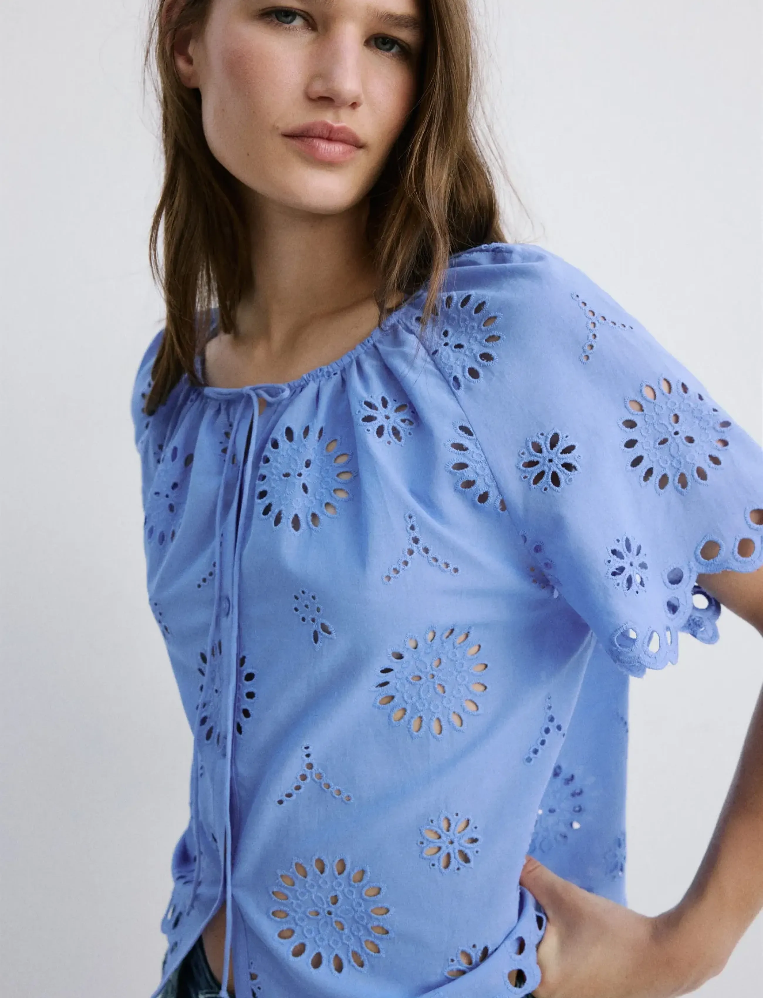 Mango 100% Cotton Blouse With Broderie Anglaise Embroidery, M, Blouses, Blau - Short-sleeved, Frauen