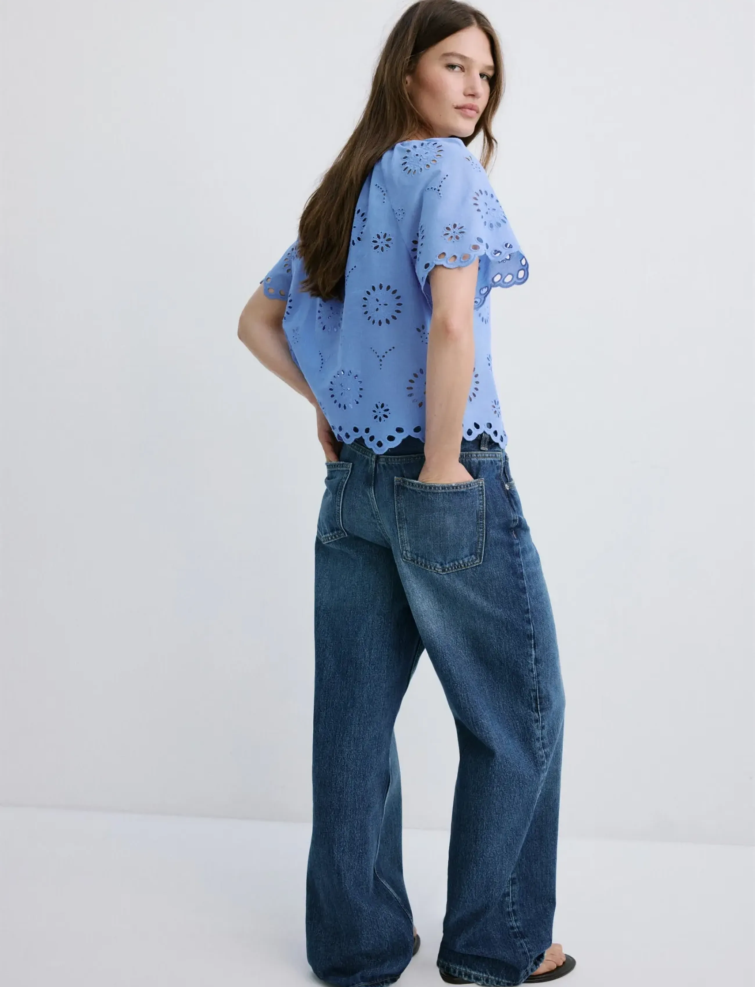 Mango - 100% cotton blouse with broderie anglaise embroidery - kortærmede bluser - medium blue - 2