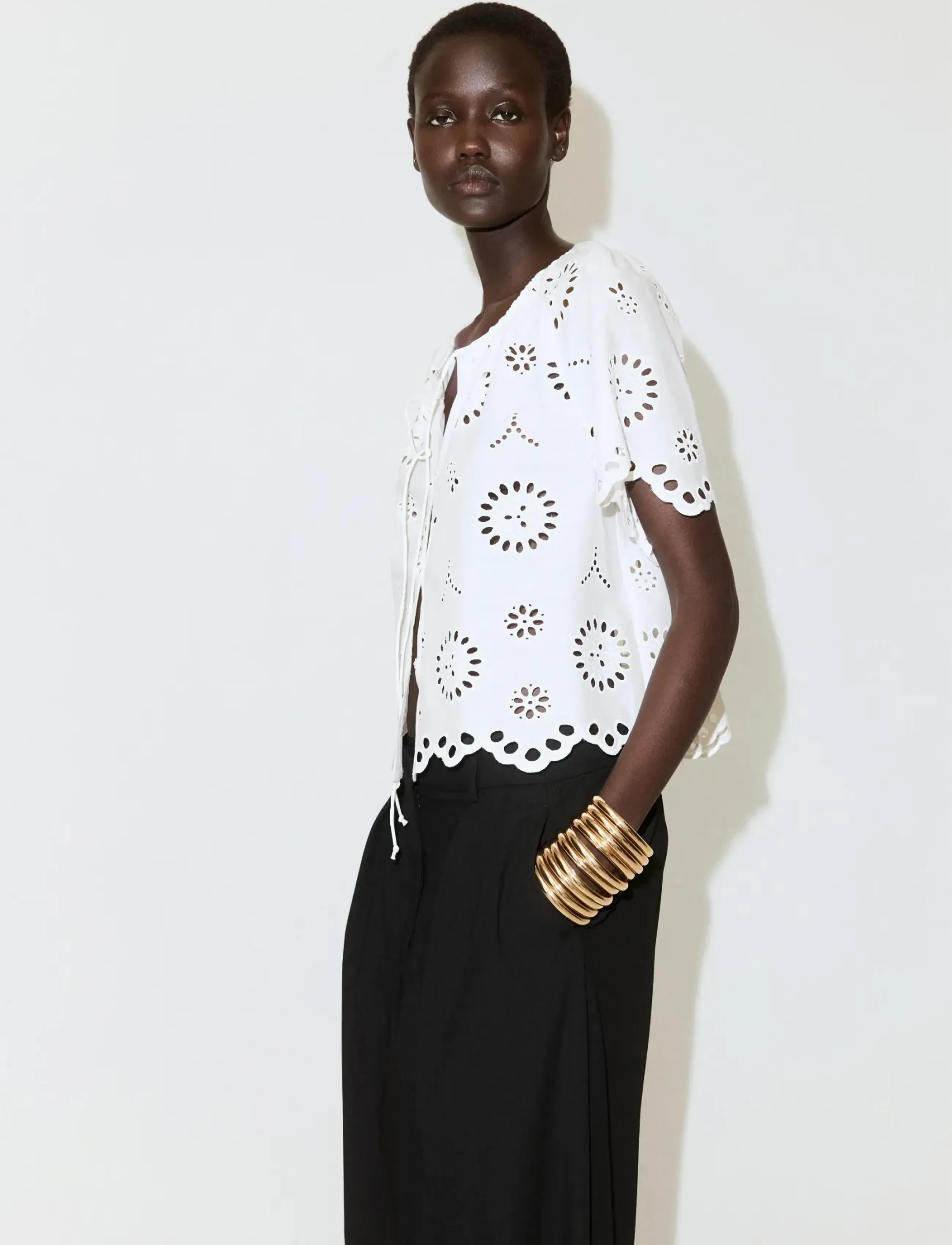 Mango 100% Cotton Blouse With Broderie Anglaise Embroidery, M, Blouses, Weiß - Short-sleeved, Frauen