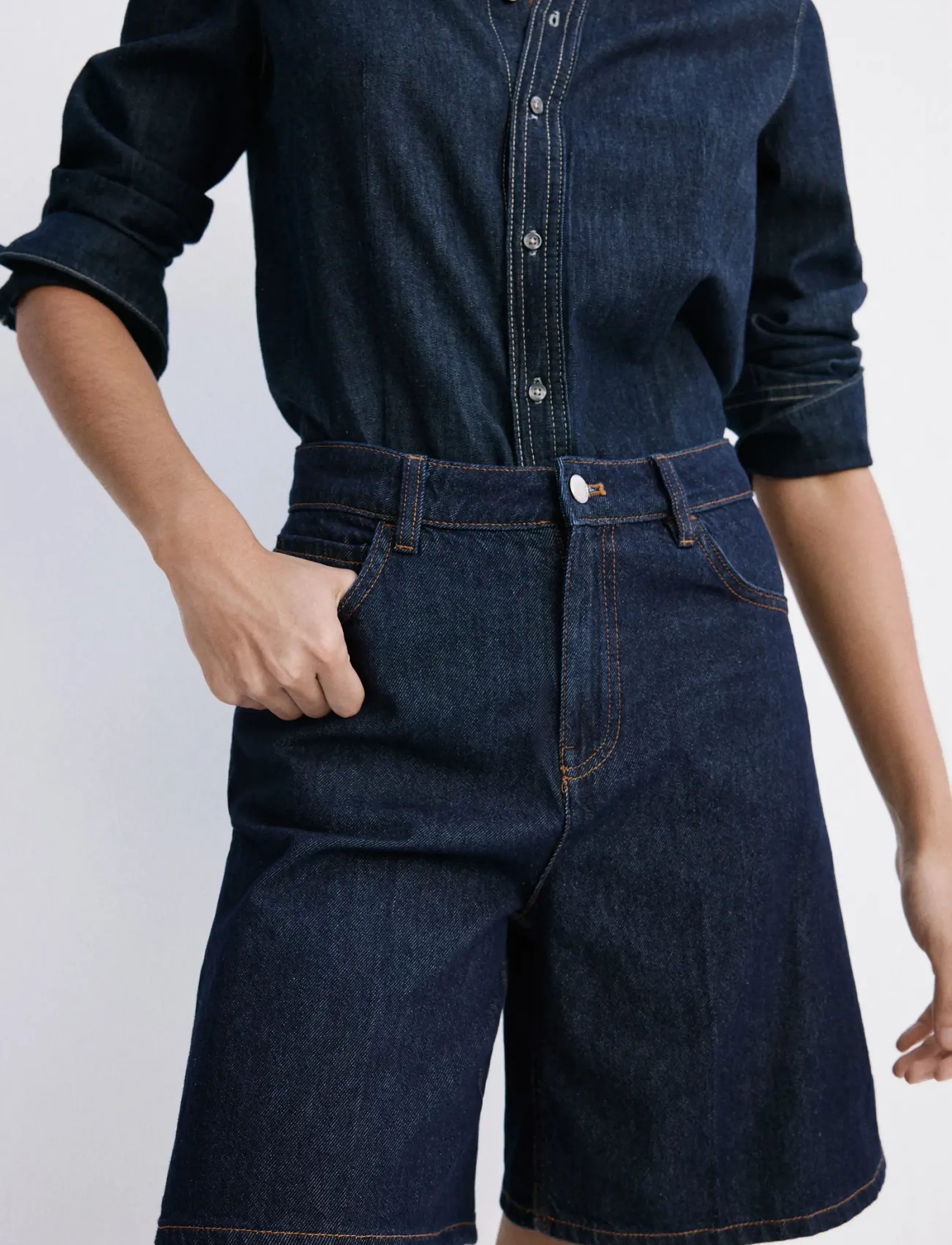 Mango High-Waist Straight-Fit Denim Shorts, 36, Navy, Shorts > Bermudas, Dame