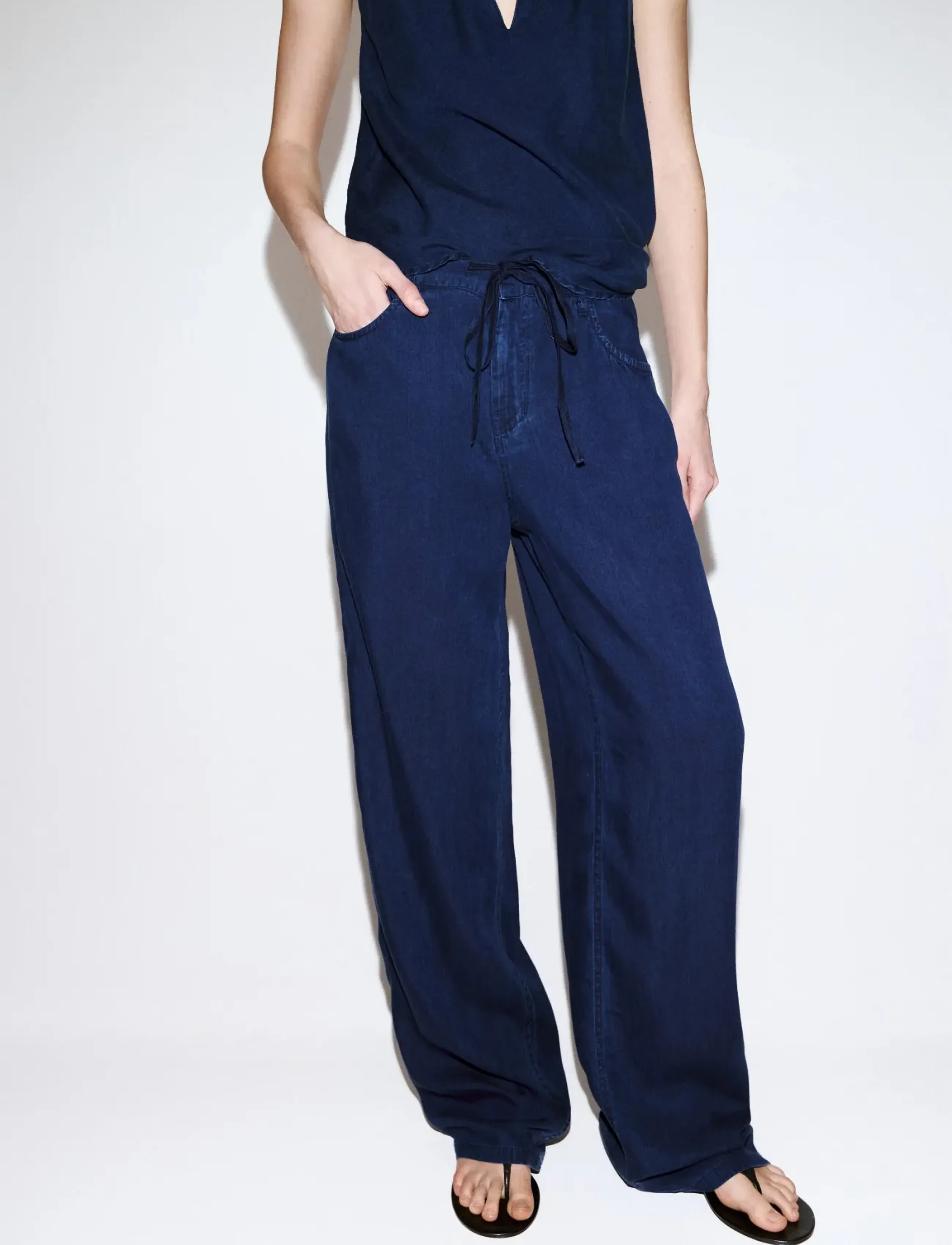 Mango Denim Pants With Bow Belt, 34, Trousers, Marineblau - Wide Leg, Frauen