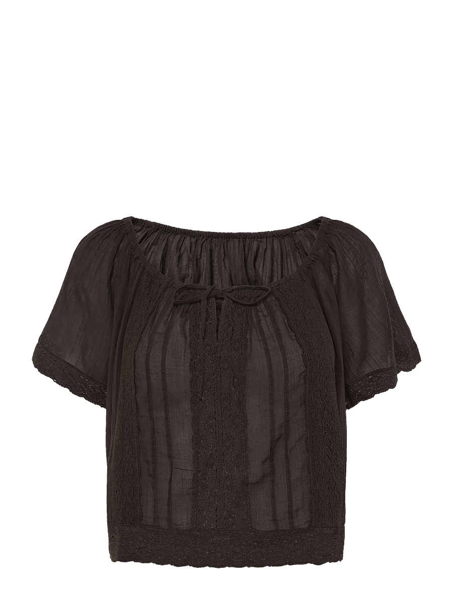 Mango - Cotton lace blouse - kortärmade blusar - brown - 1