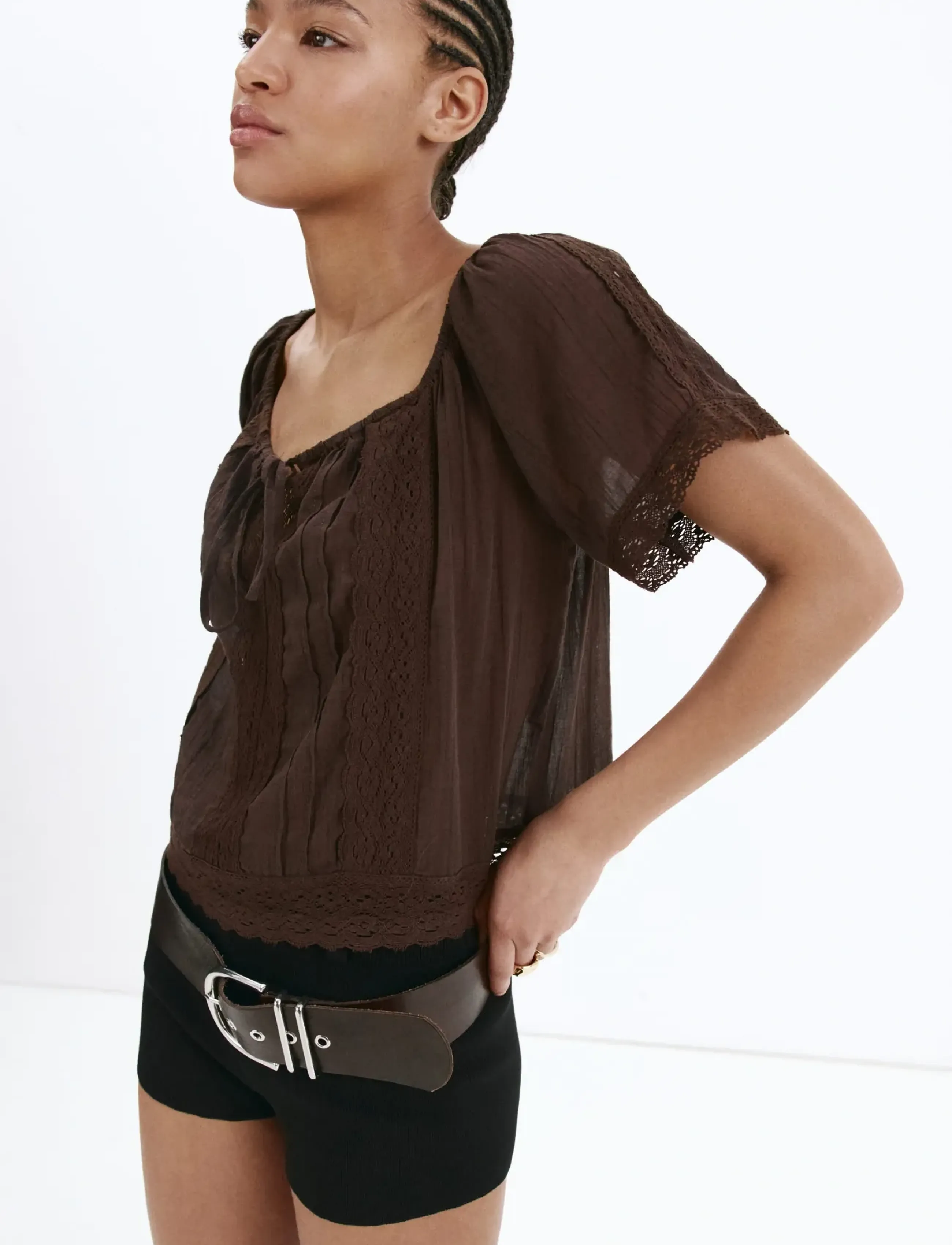 Mango Cotton Lace Blouse, M, Blouses, Braun - Short-sleeved, Frauen