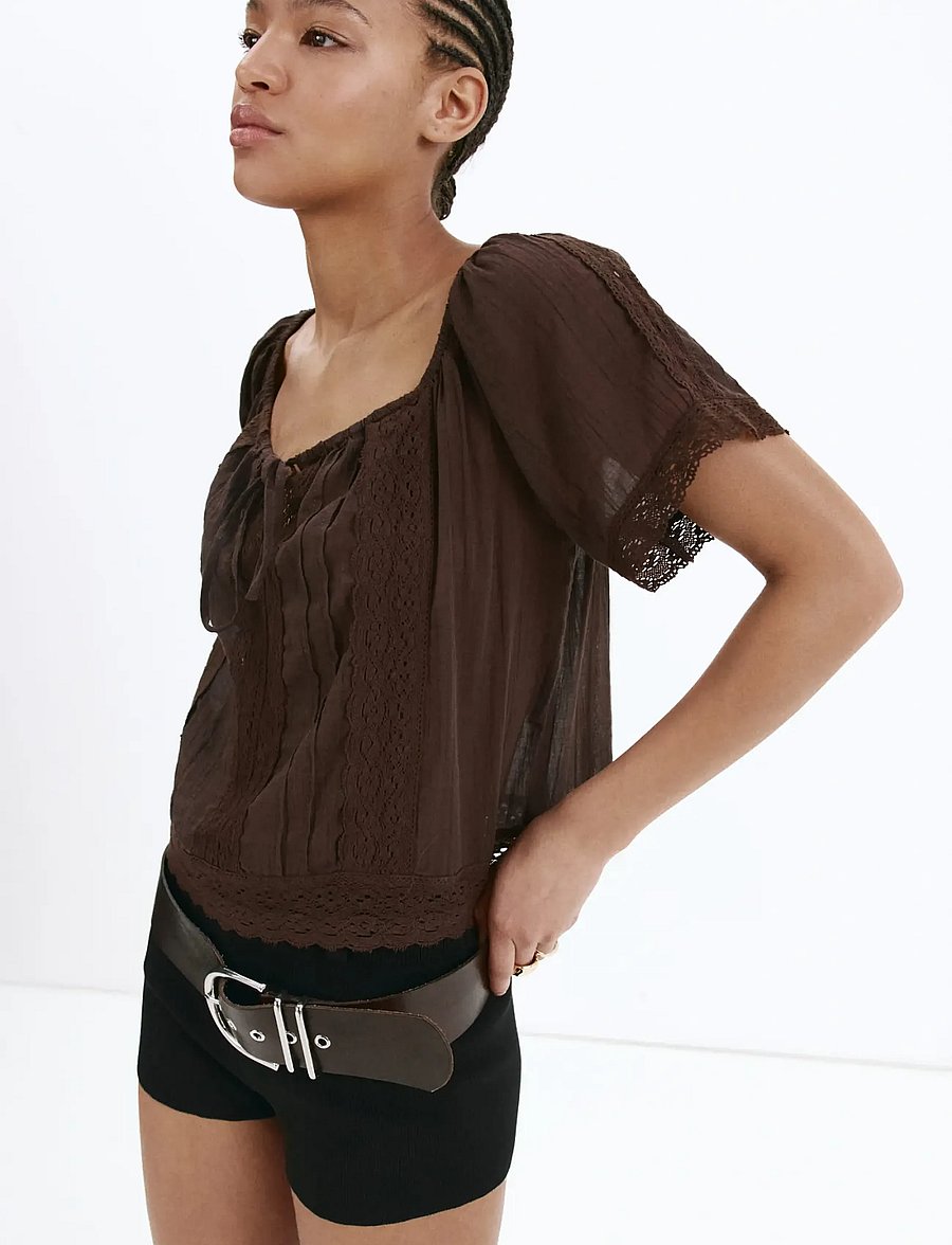 Mango - Cotton lace blouse - kortärmade blusar - brown - 0