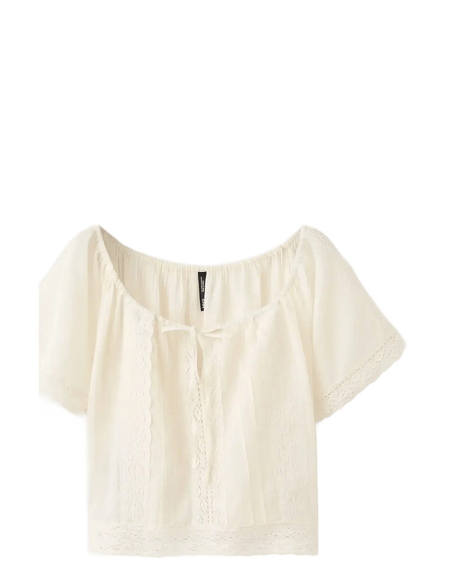 Mango - Cotton lace blouse - kurzärmelige blusen - light beige - 1