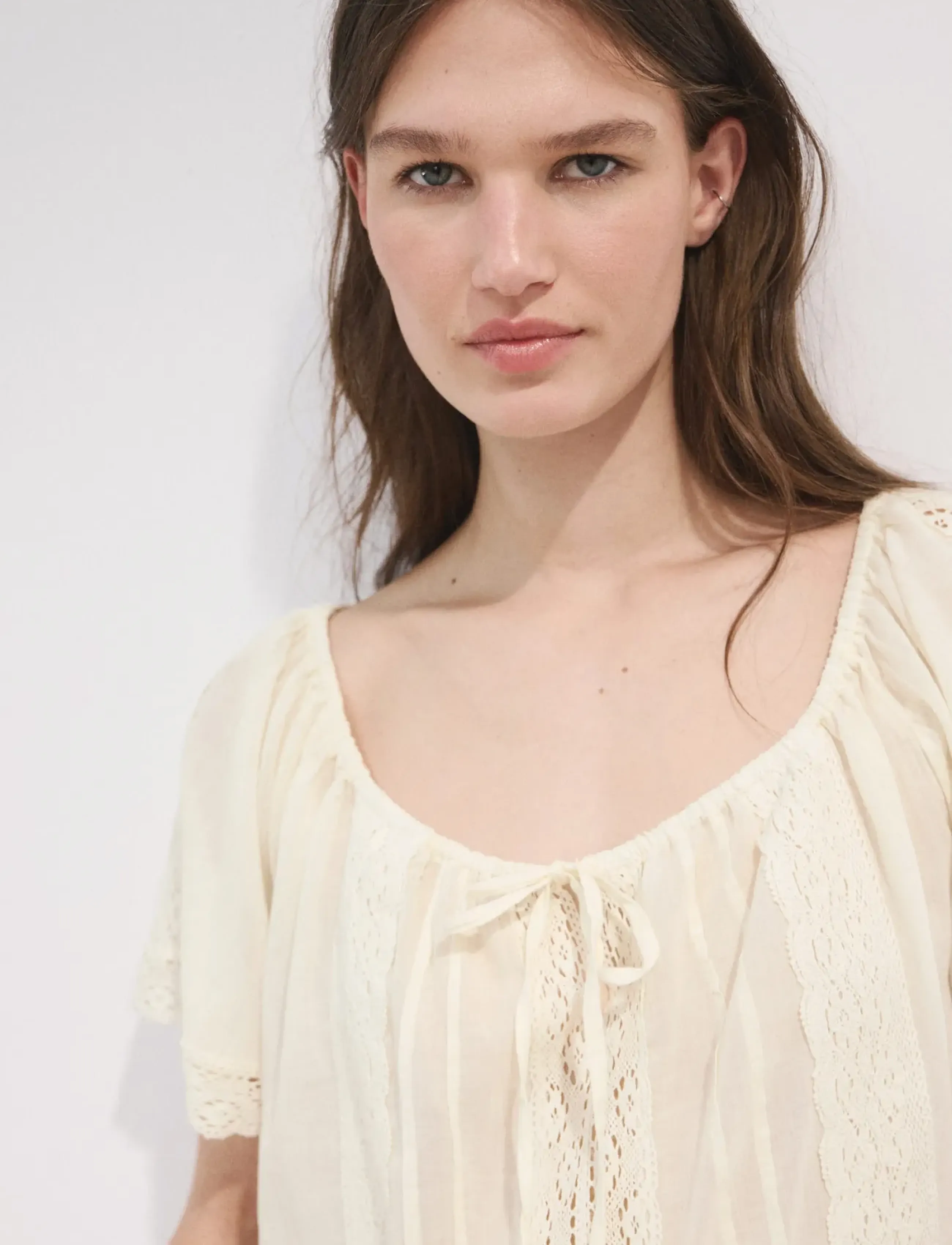 Mango Cotton Lace Blouse, L, Blouses, Beige - Short-sleeved, Frauen
