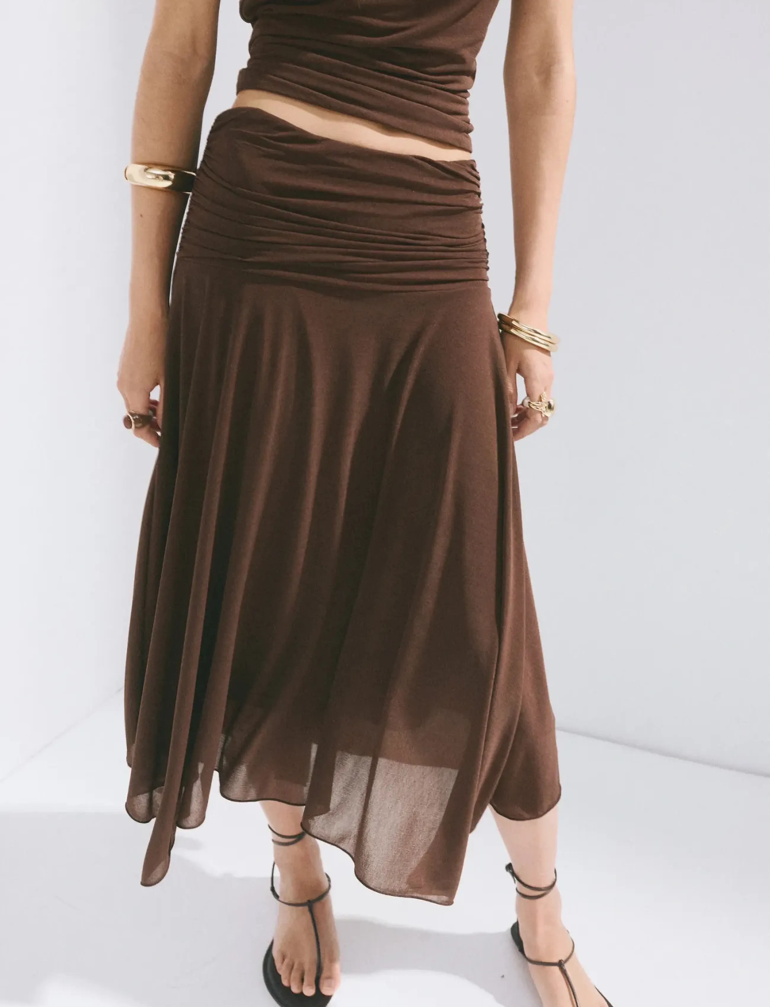 Mango Asymmetric Chiffon Skirt, Kvinder, Rynket Asymmetrisk Nederdel, Brun, Str: M