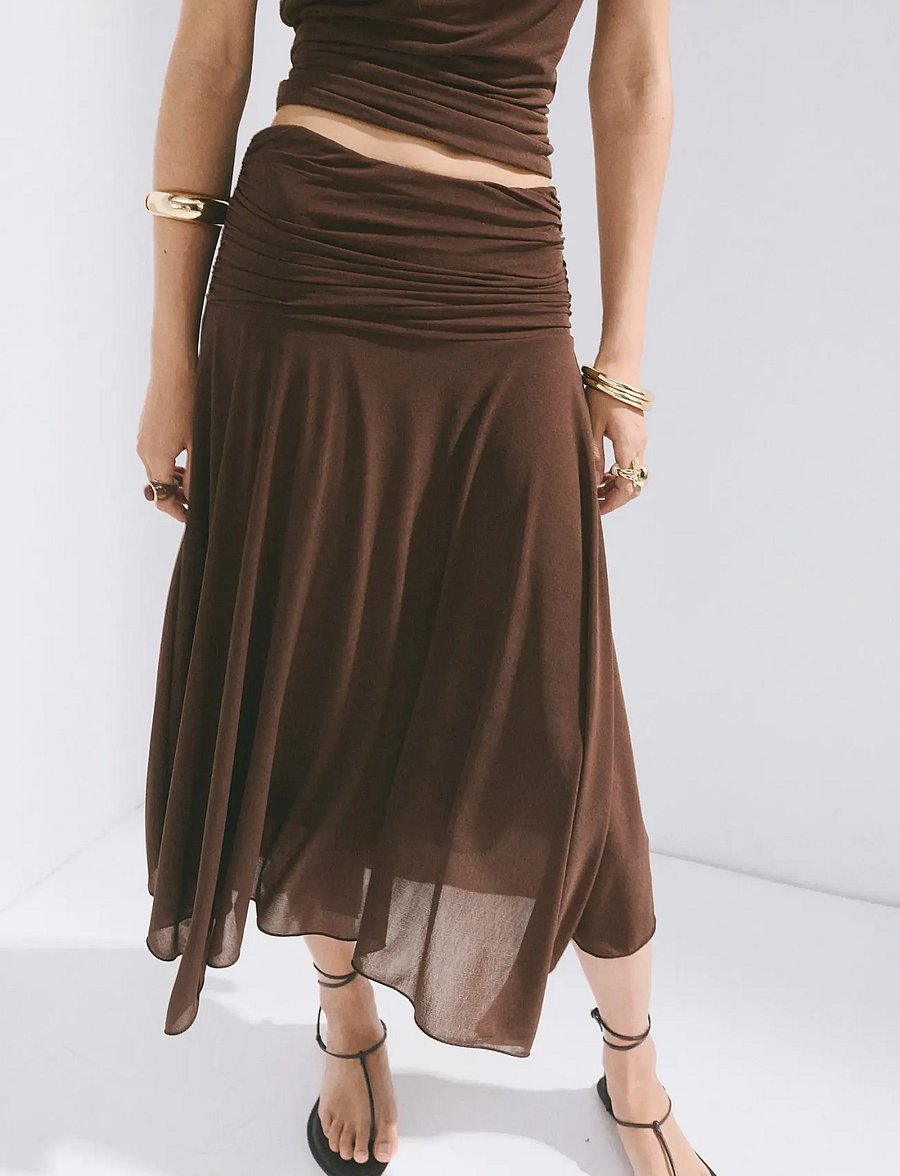 Mango - Asymmetric chiffon skirt - midi kjolar - brown - 0