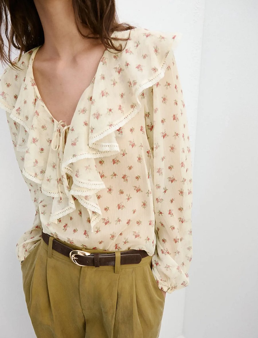 Mango - Ruffled floral blouse - långärmade blusar - yellow - 0