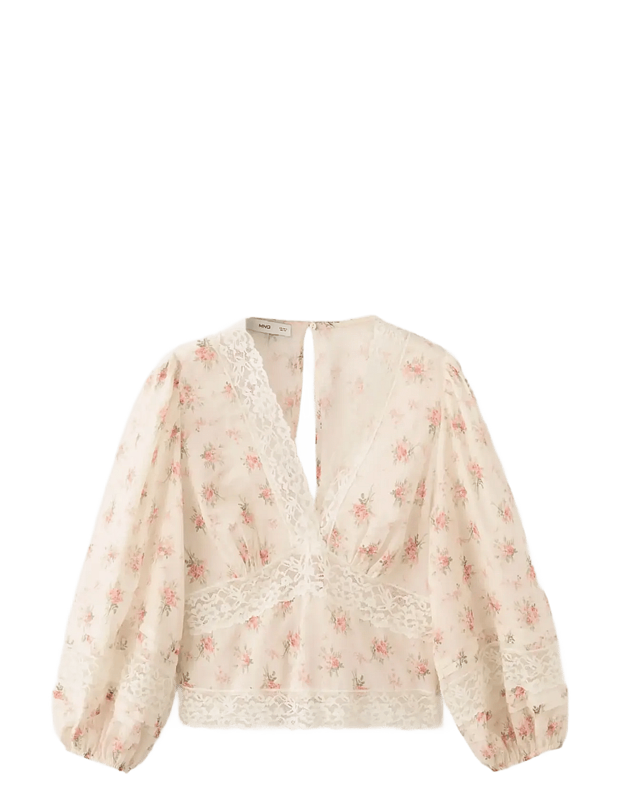 Mango - Floral lace blouse - långärmade blusar - pink - 1