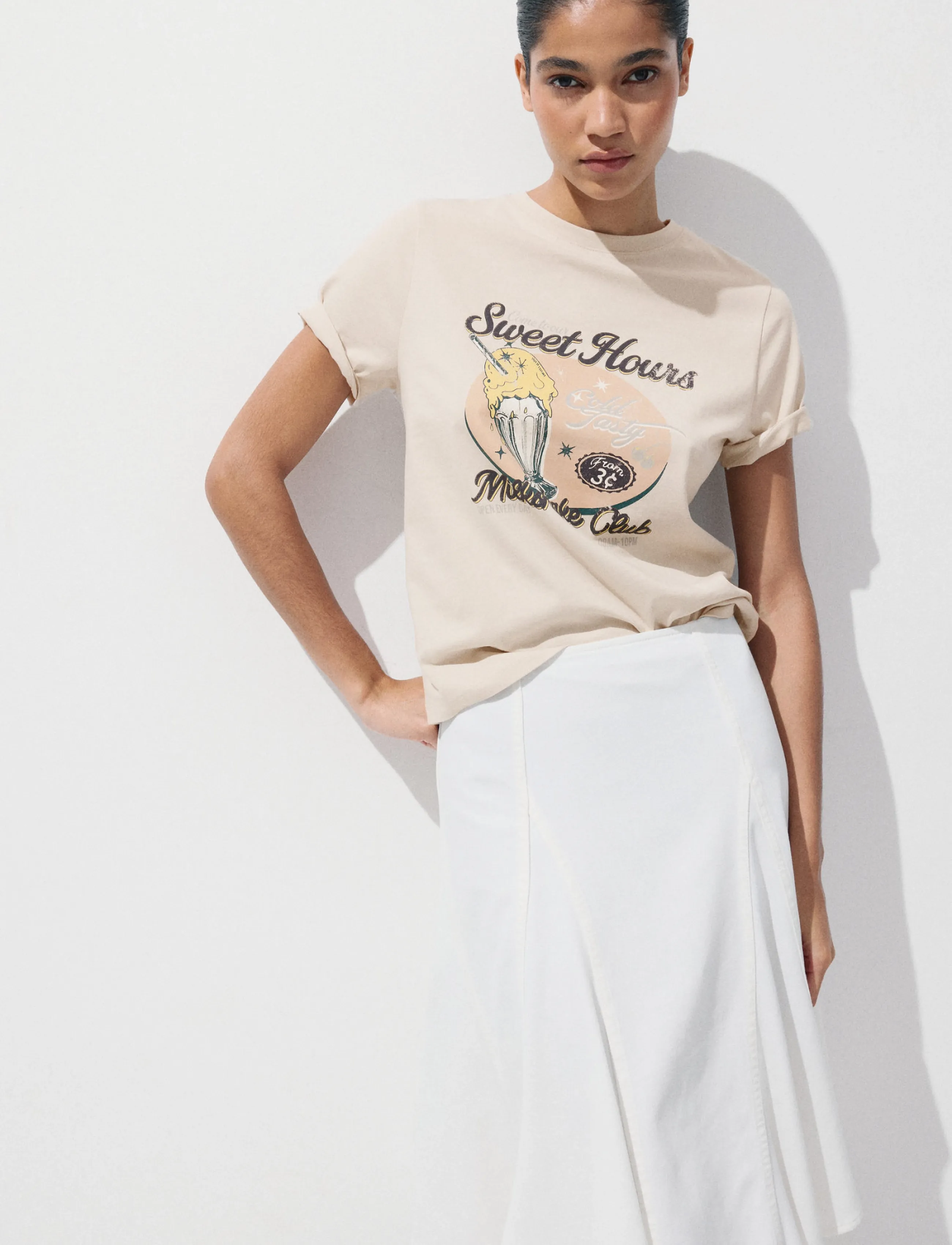 Mango Printed cotton-blend t-shirt - T-shirts - LIGHT BEIGE / beige