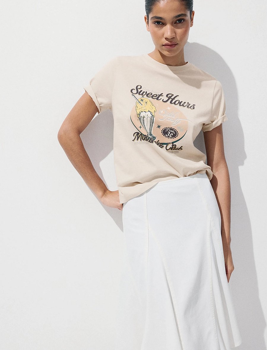 Mango - Printed cotton-blend t-shirt - light beige - 0