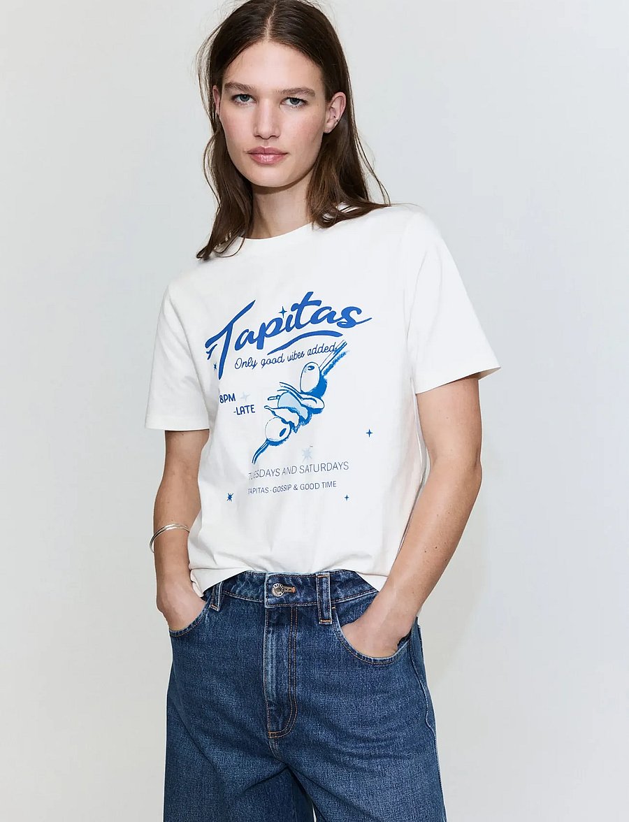 Mango - Printed cotton-blend t-shirt - t-shirts - medium blue - 0