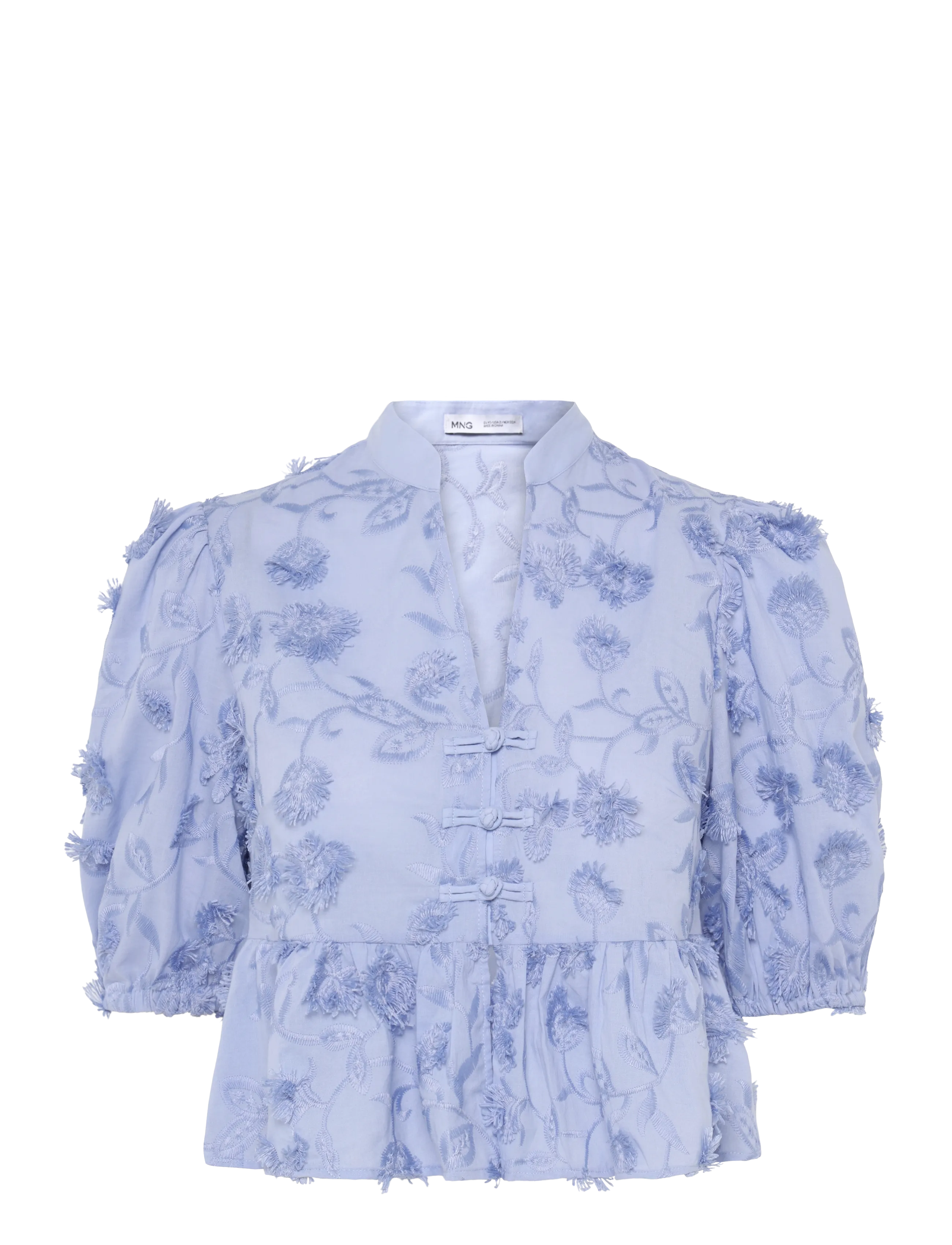 MANGO Bestickt Puff-Sleeve Bluse Blau - XS - Damen