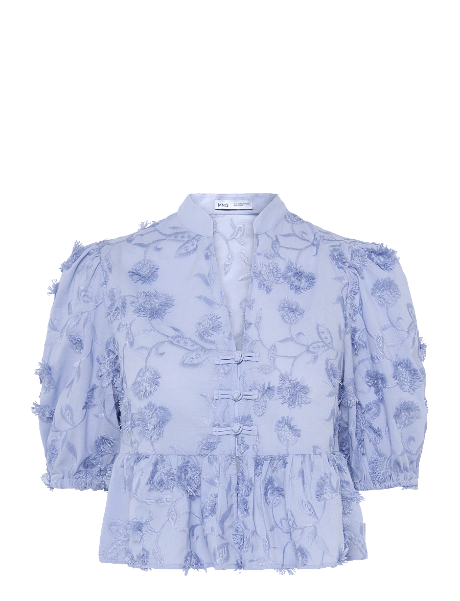Mango - Embroidered puff-sleeve blouse - kurzärmlige hemden - lt-pastel blue - 1