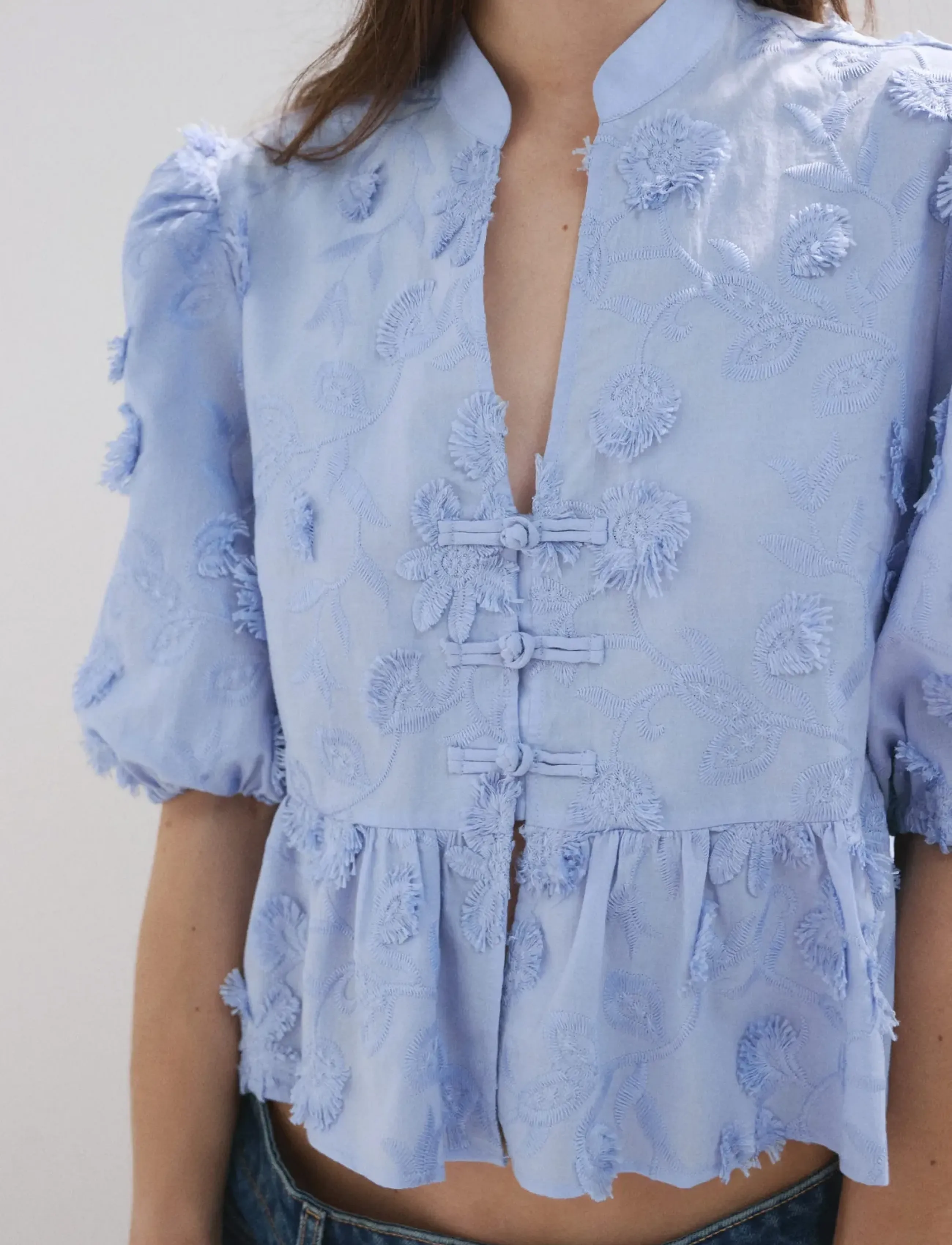 Mango Embroidered Puff-Sleeve Blouse, S, Shirts, Blau - Short-sleeved, Frauen