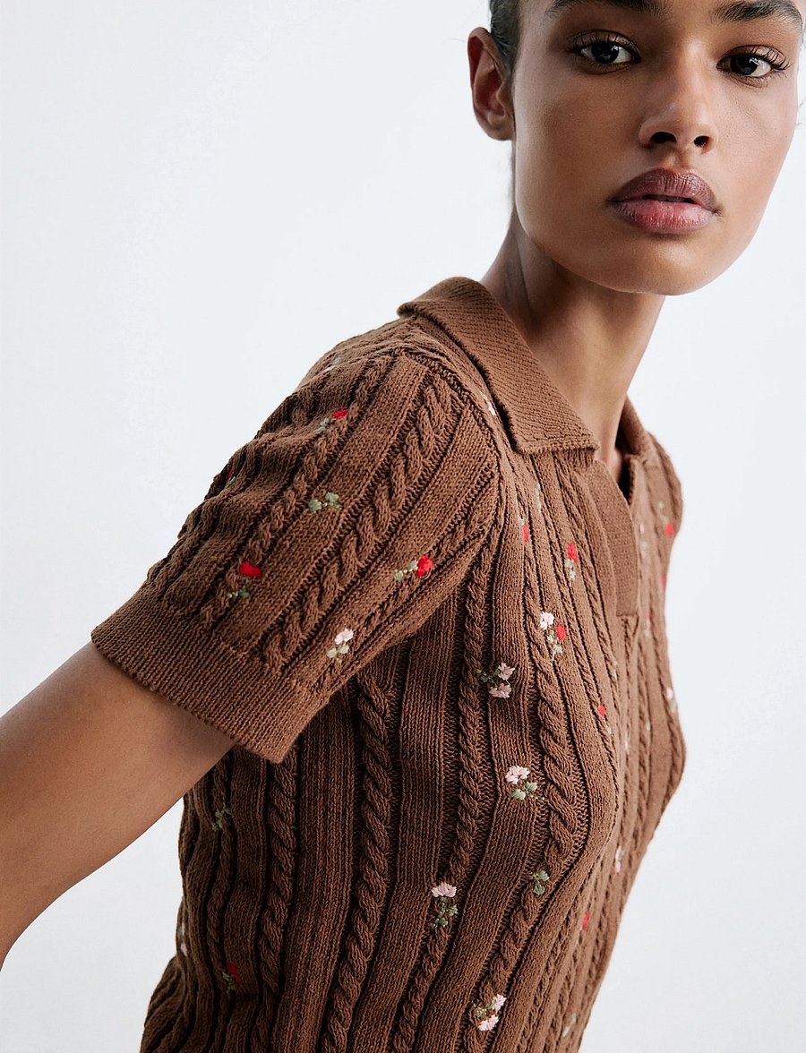 Mango - Polo neck jumper with floral embroideries - striktrøjer - brown - 0