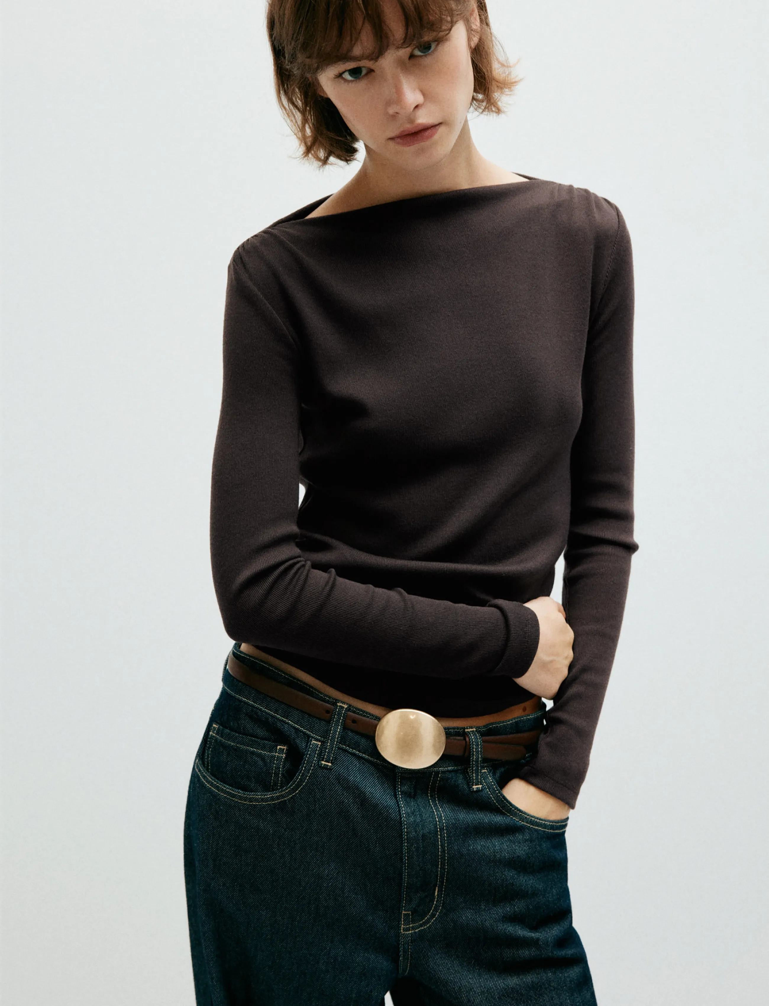 Mango Long-sleeved boat-neck t-shirt - T-shirts & Toppar - DARK BROWN / brown