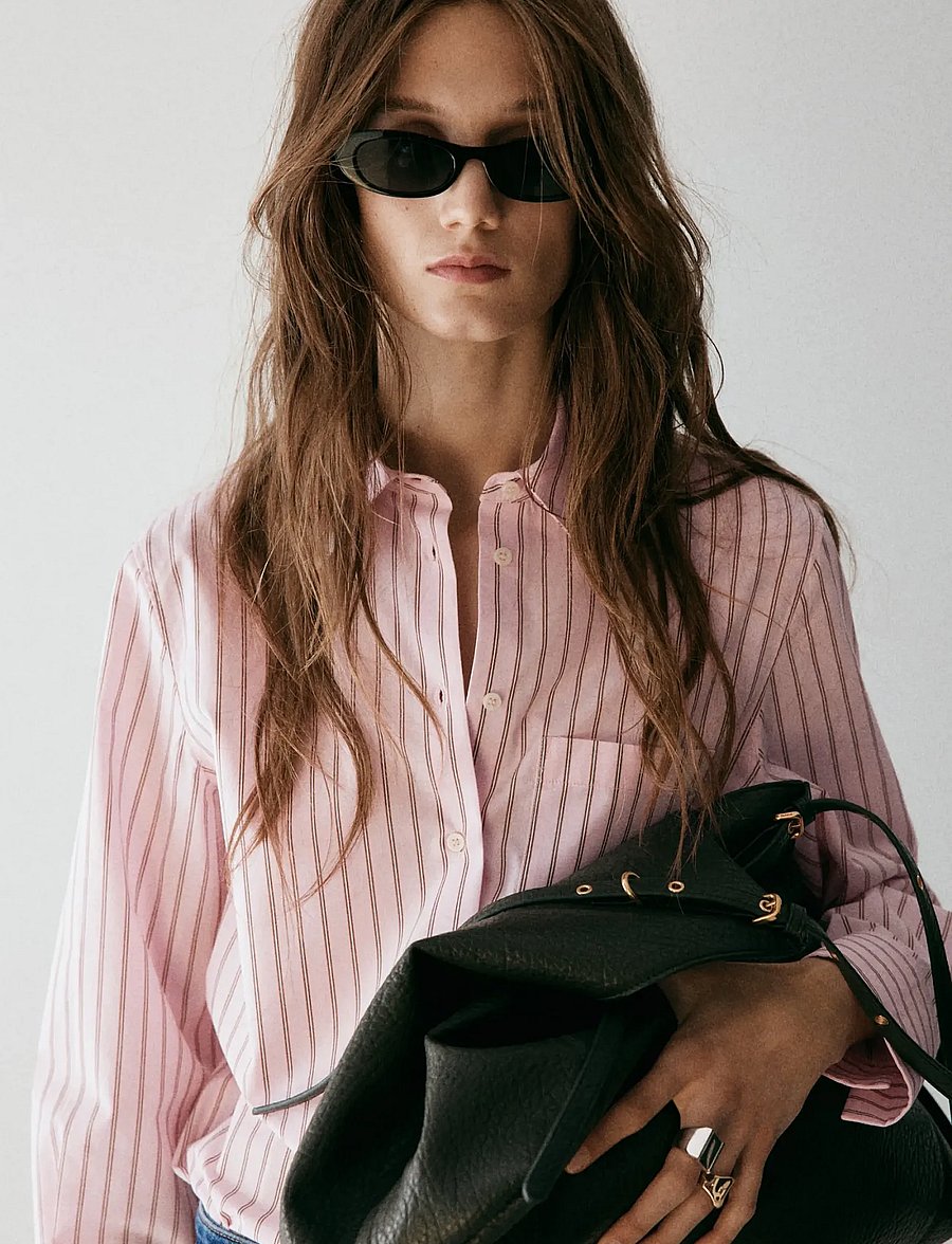 Mango - Cotton and lyocell blend straight shirt - långärmade skjortor - pink - 0
