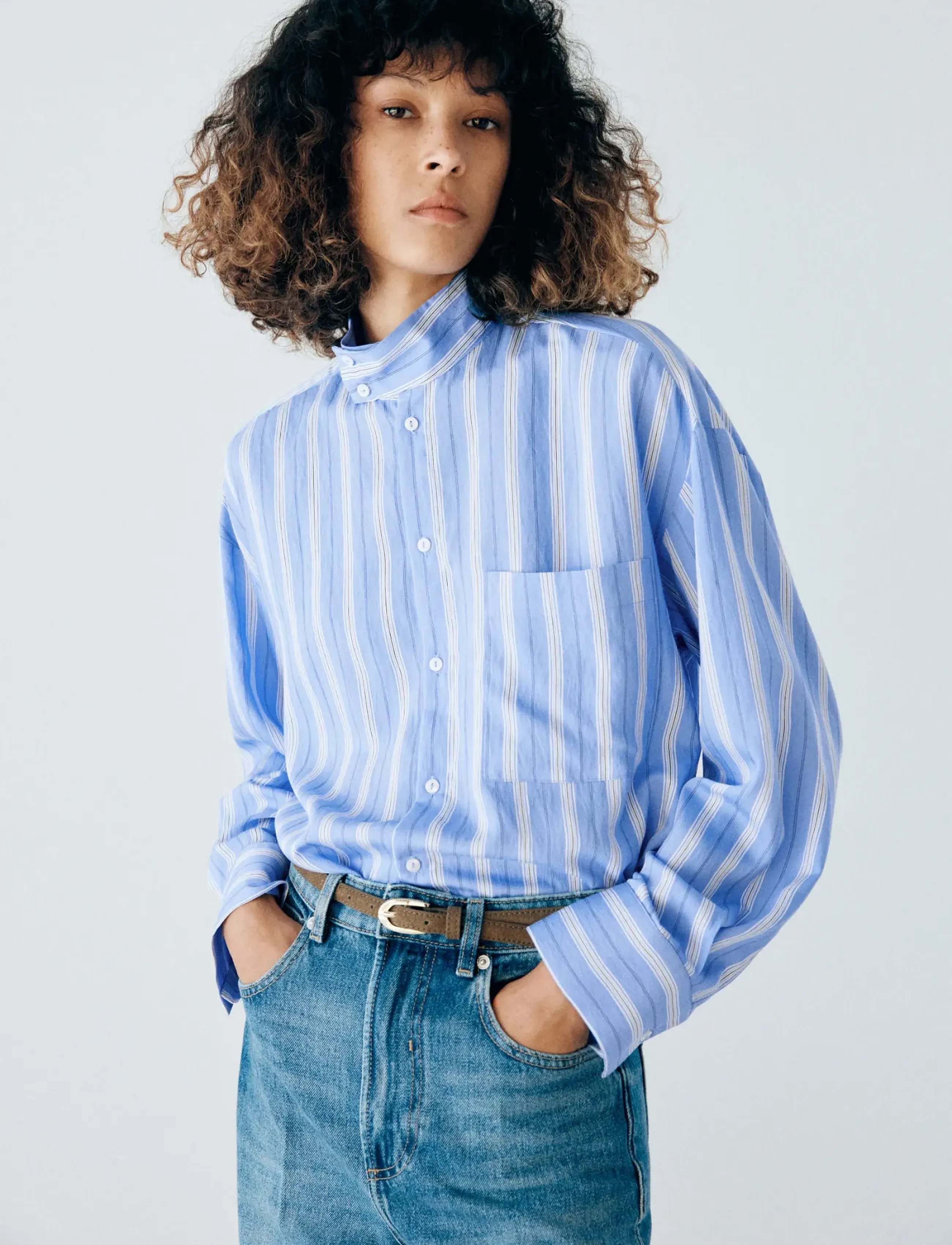Mango - Striped shirt with stand-up collar - langærmede skjorter - medium blue - 0