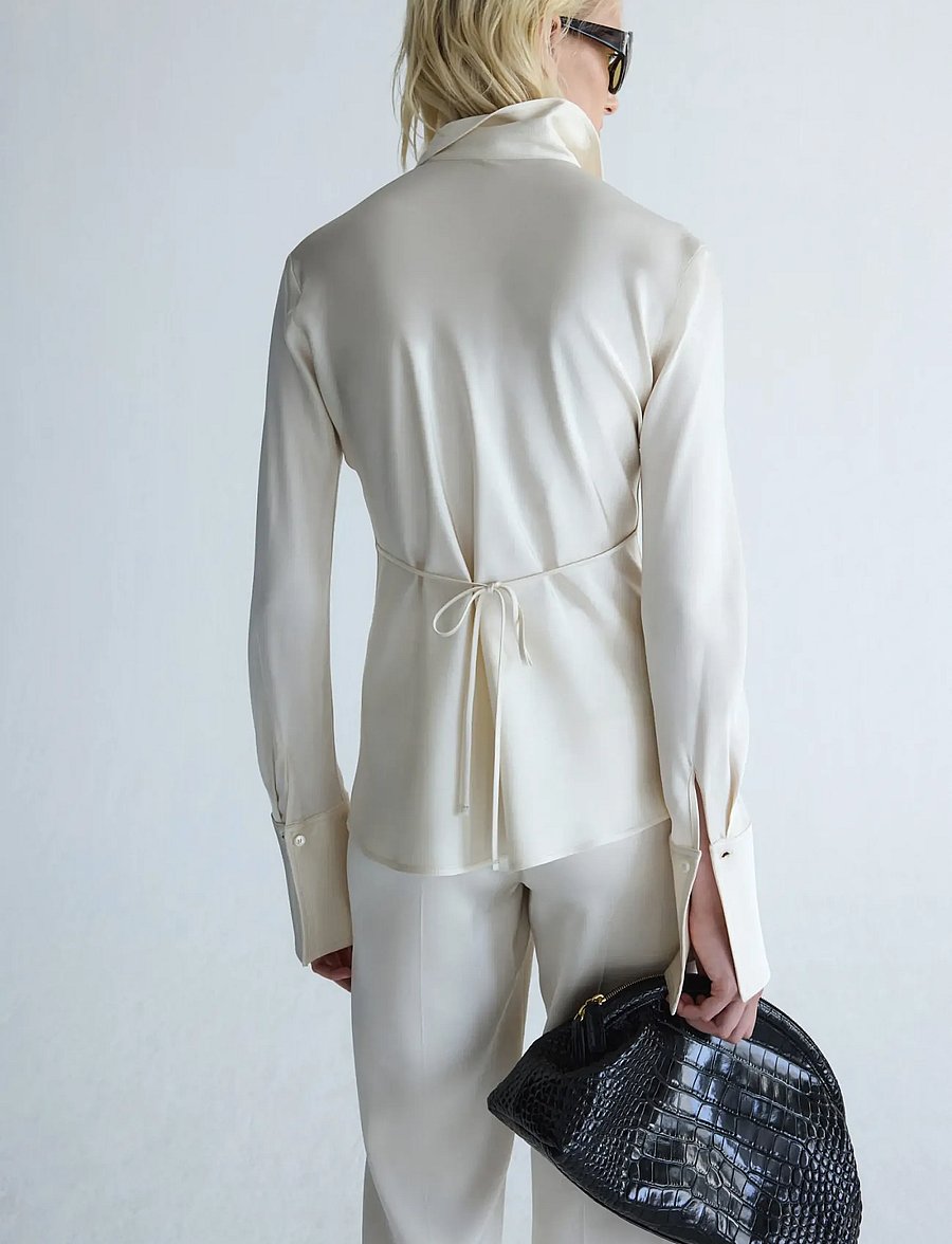 Mango - Satin shirt with bow at the back - långärmade skjortor - light beige - 2
