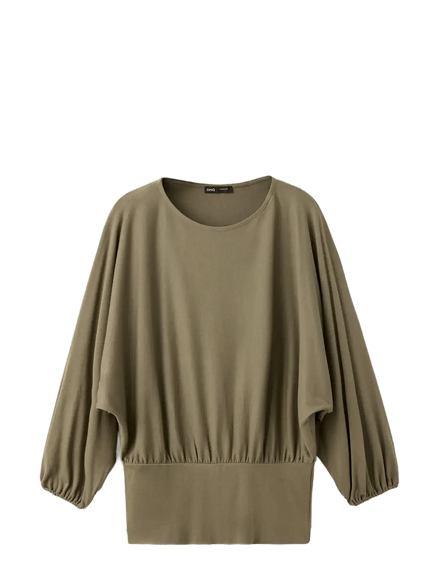 Mango - Gathered blouse with wide elasticated waistband - långärmade blusar - beige - khaki - 0