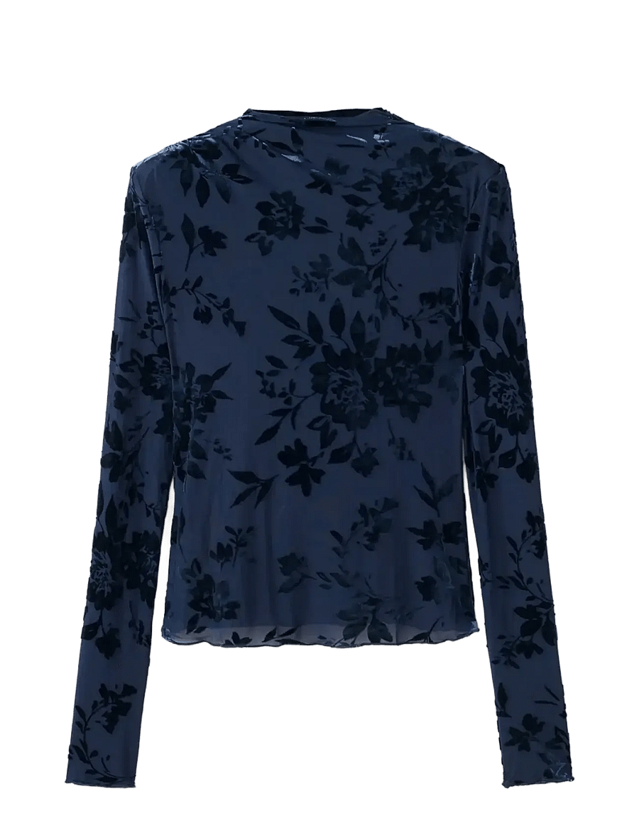 Mango - Devoré high-neck top - långärmade toppar - navy - 0