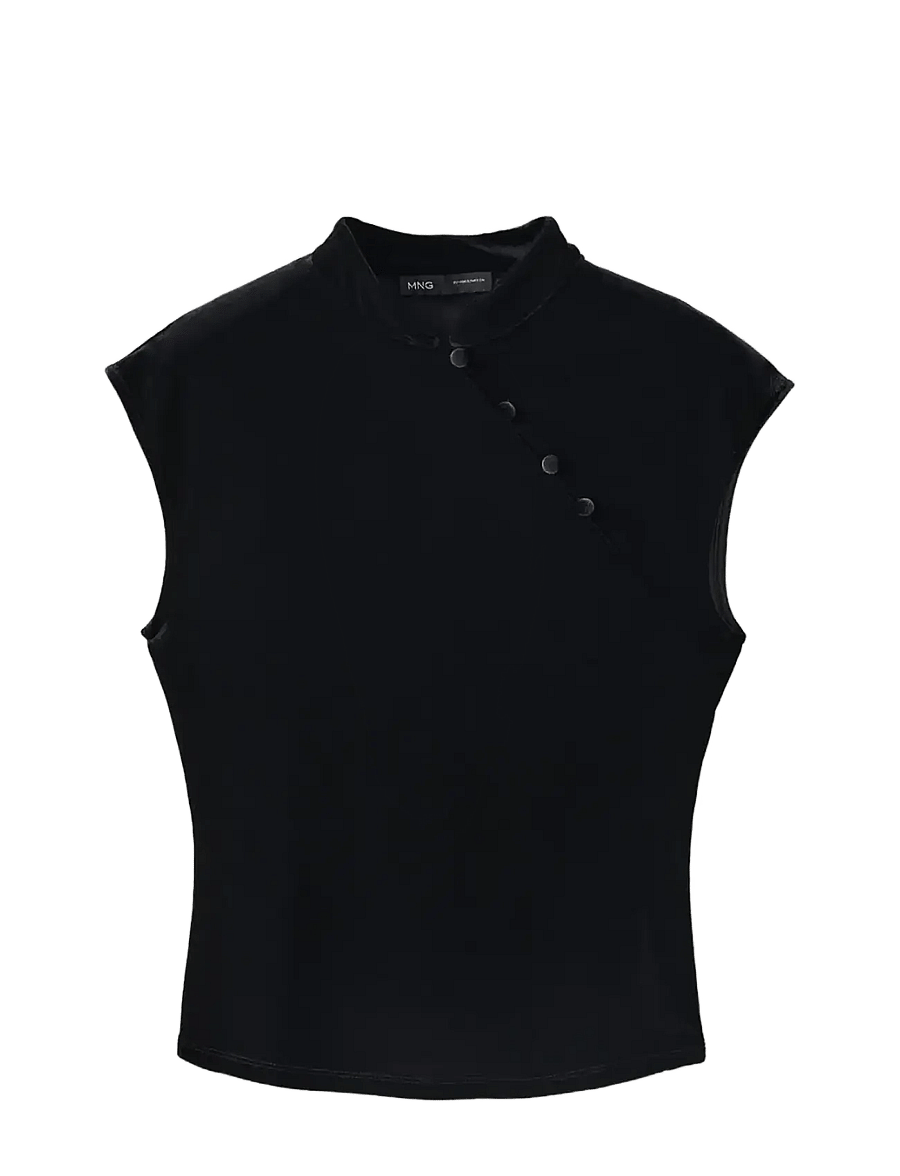 Mango - Velvet top with buttons - kortärmade blusar - black - 1