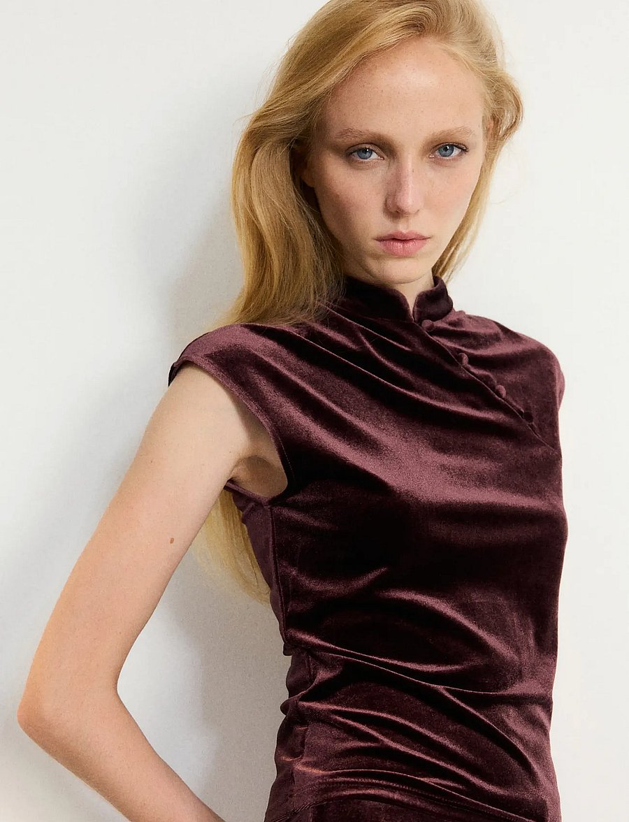 Mango - Velvet top with buttons - kortærmede bluser - dark red - 0