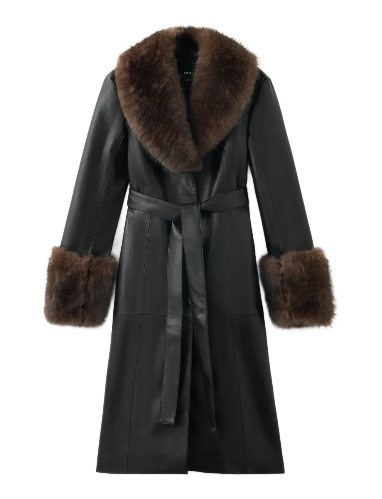 Mango Faux-leather coat with fur-effect trim - Kläder - BLACK / black