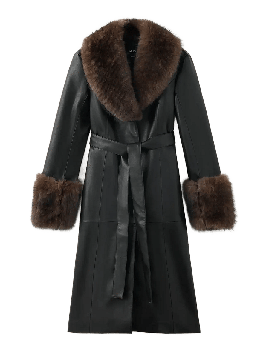 Mango - Faux-leather coat with fur-effect trim - fuskpäls - black - 0