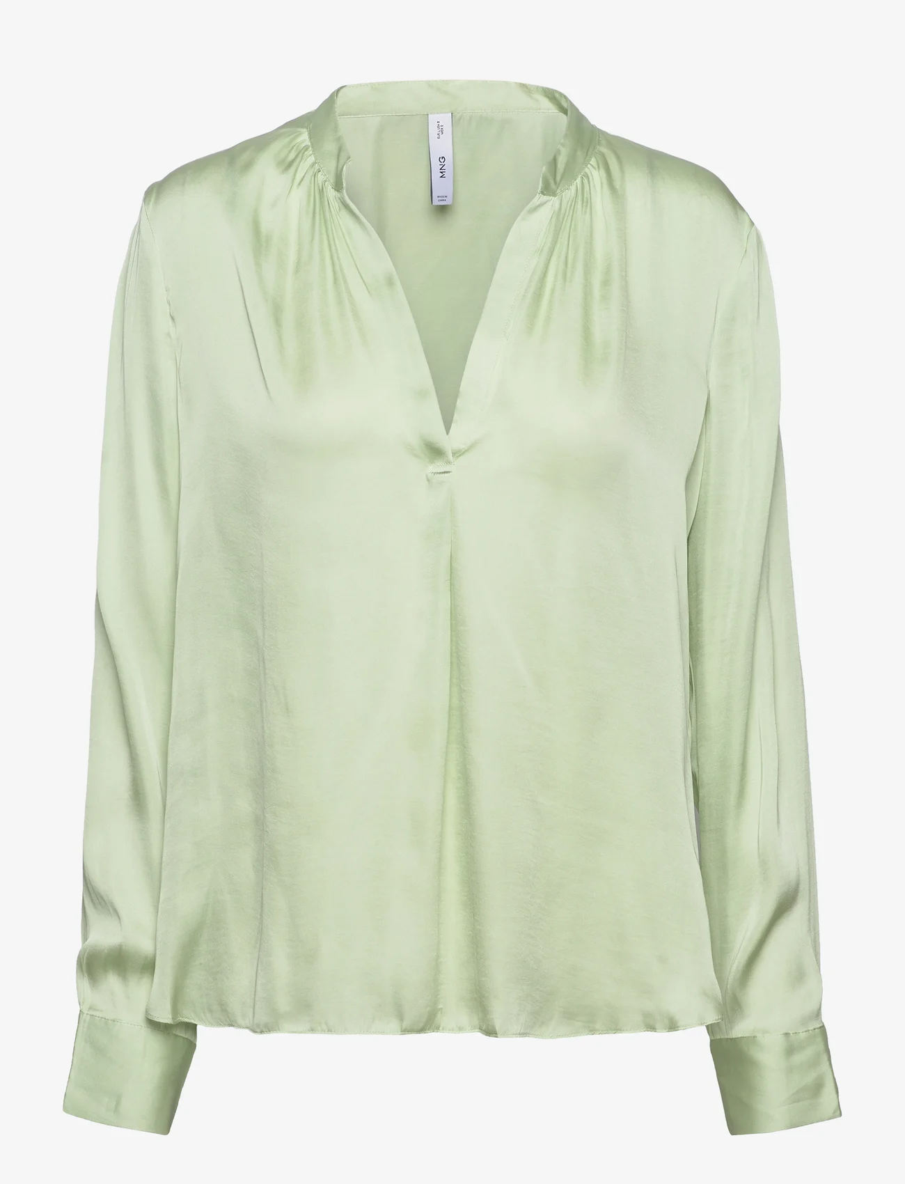 Mango - Mandarin-collar satin blouse - langermede bluser - green - 0