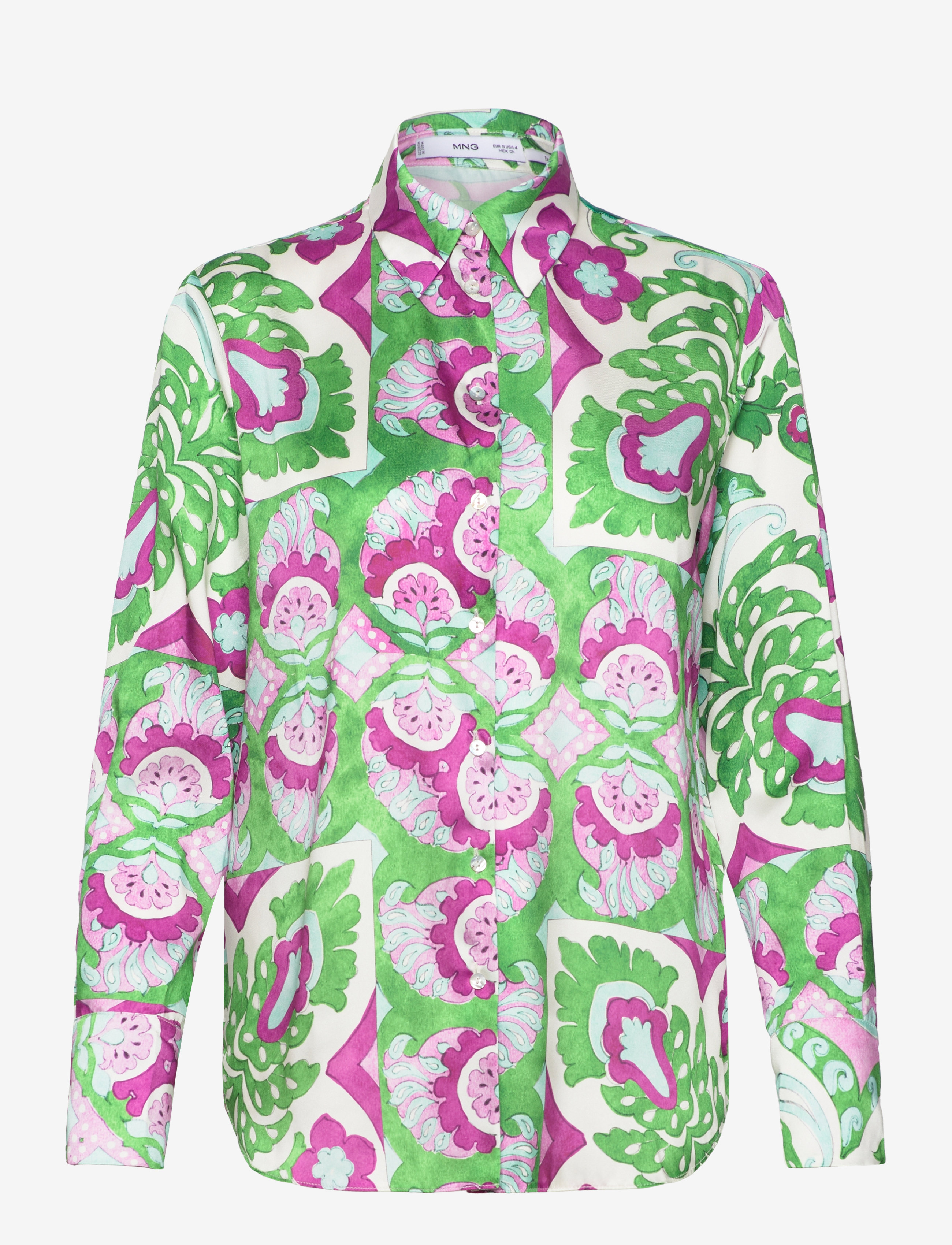 Mango Satin Print Shirt, XS, Shirts, Grün - Long-sleeved, Frauen