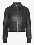 Leather jacket with elasticated hem - BLACK