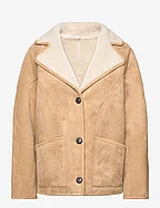 Shearling-lined coat with buttons - MEDIUM BROWN