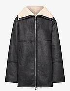 Shearling-lined coat with zip - BLACK