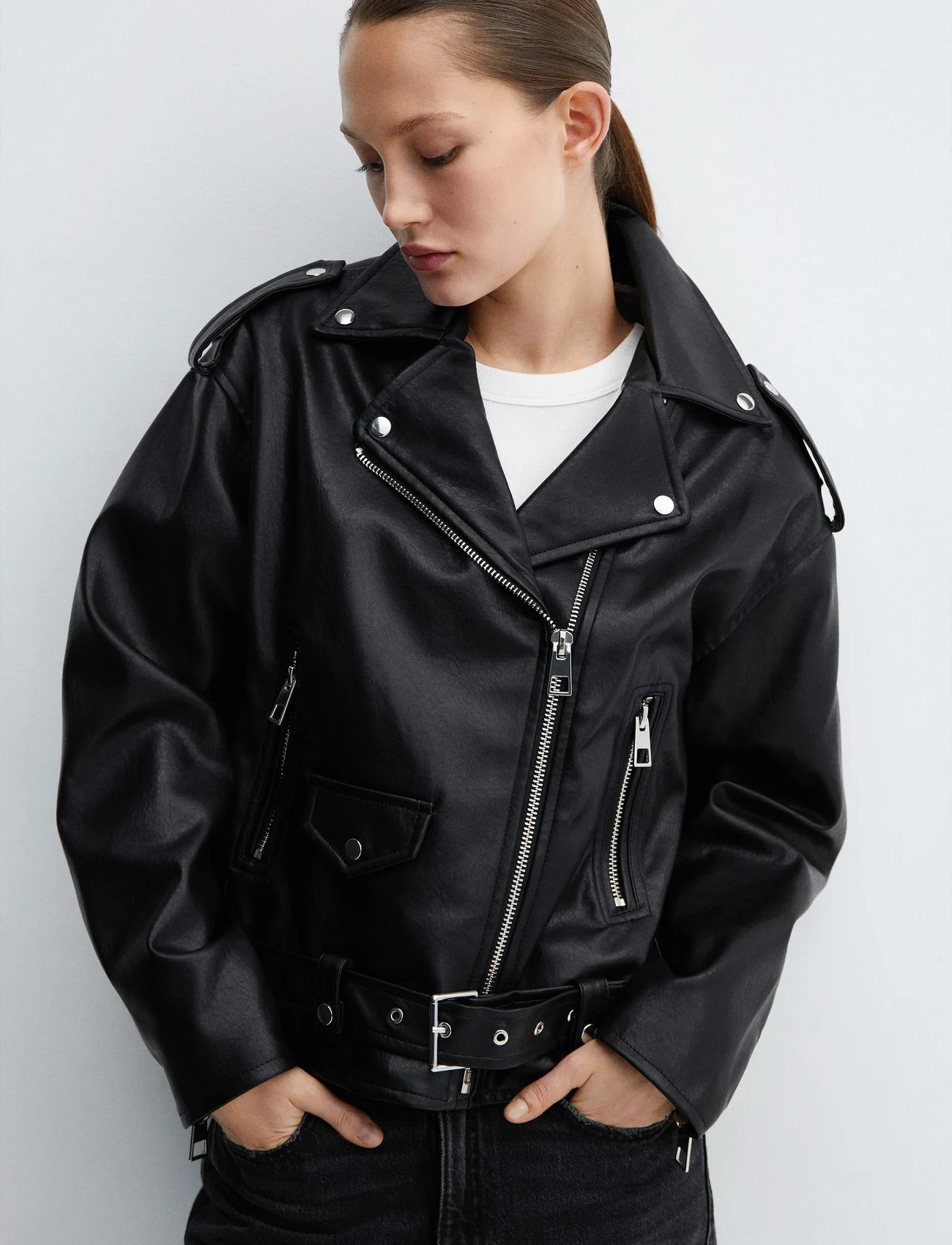 Mango - Leather-effect biker jacket - skinnjackor - black - 0