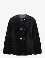 Fur-effect coat with appliqués - BLACK