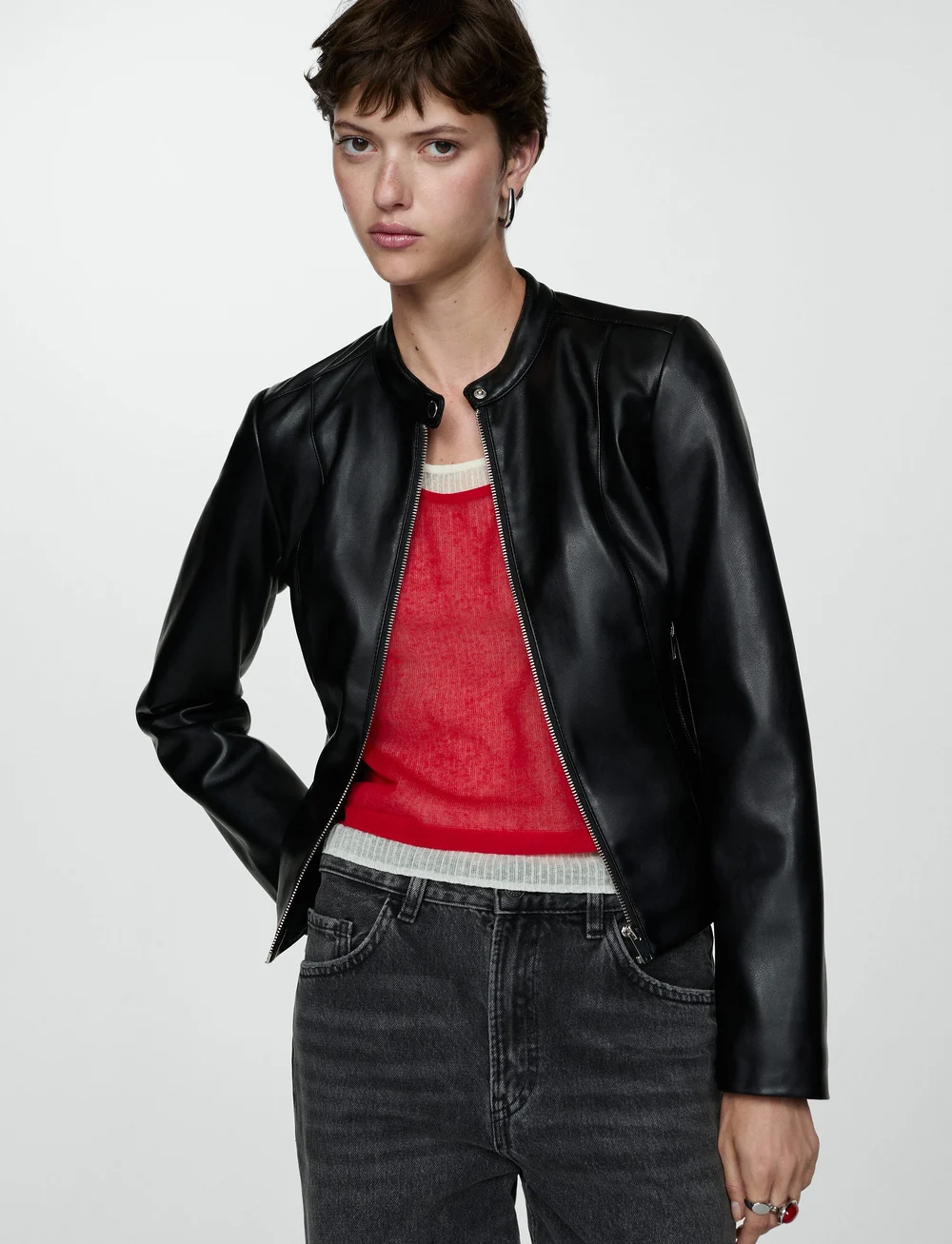 Mango - Leather-effect biker jacket - læderjakker - black - 0