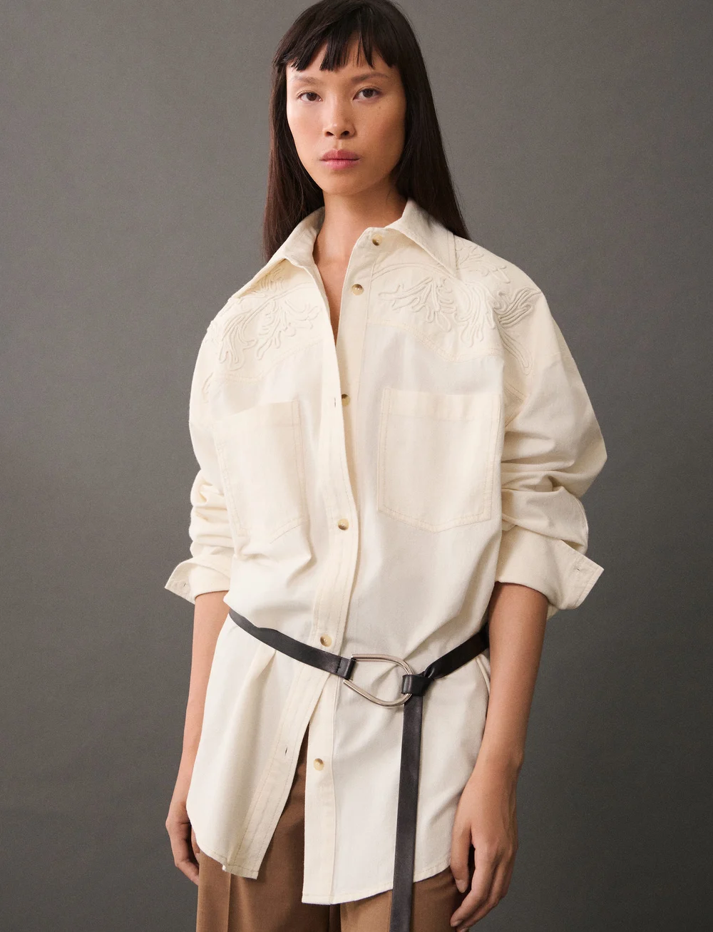 Mango - Shirt with decorative stitching - langärmlige hemden - light beige - 0