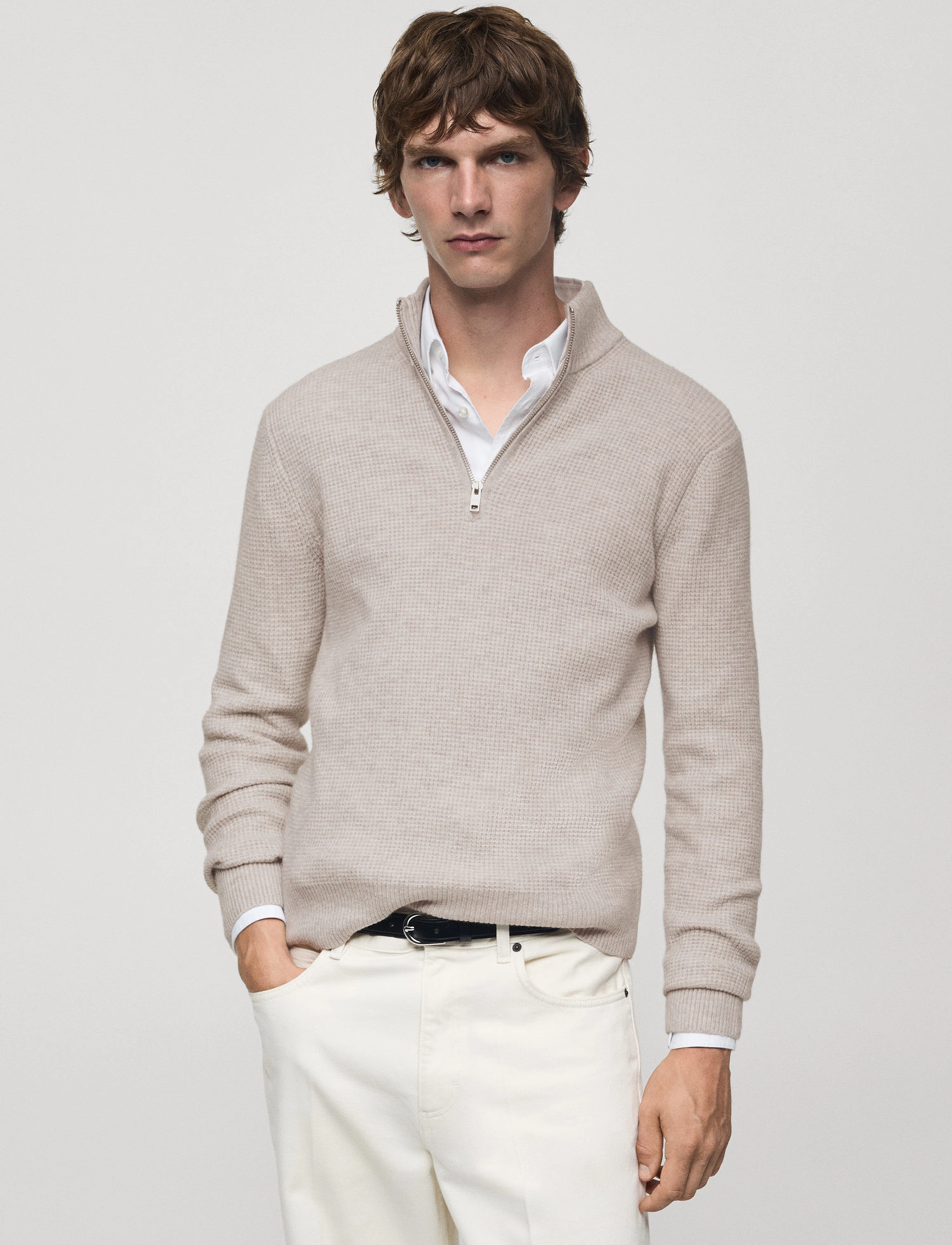 Mango Knitted Sweater With Perkins Neck, S, Knitwear, Beige - Half Zip Jumpers, Männerswear