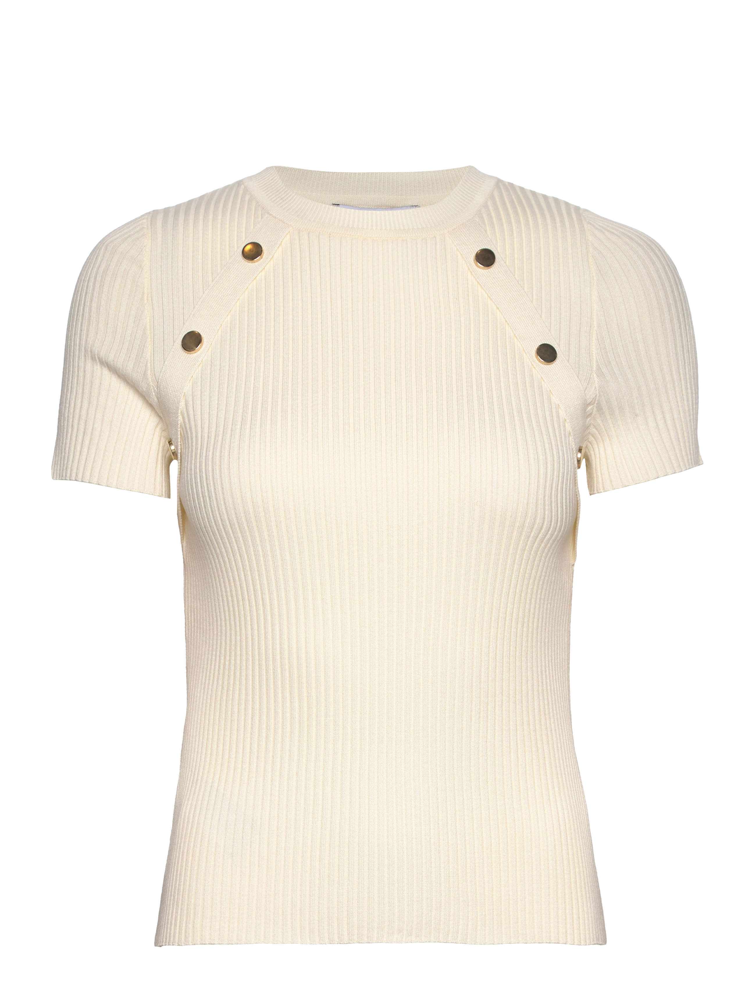 Short-sleeved ribbed sweater with buttons - LIGHT BEIGE